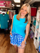 Blue Gingham Ruffle Shorts-Bottoms-Dear Me Southern Boutique, located in DeRidder, Louisiana