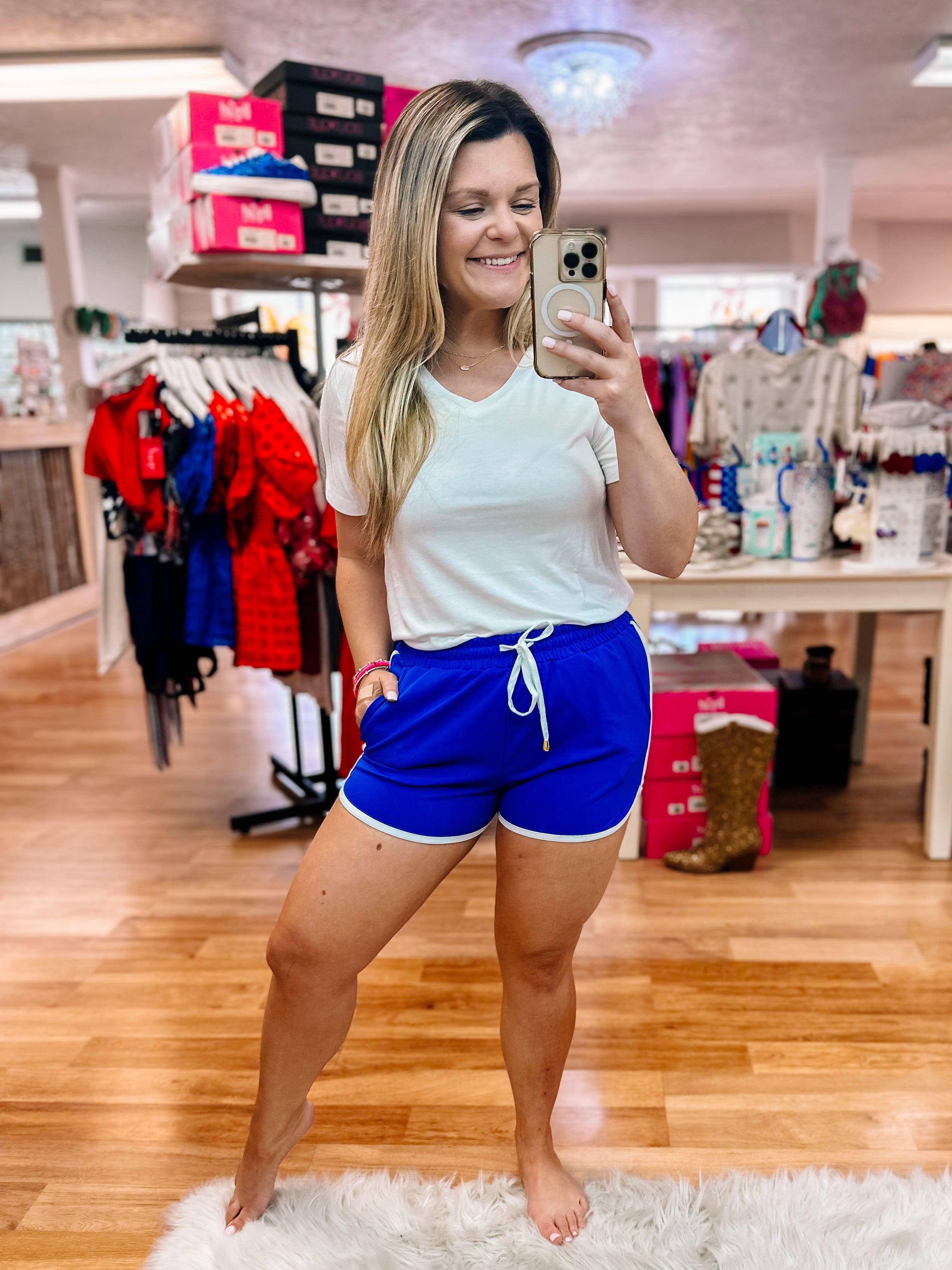 Blue & White Everyday Drawstring Shorts-Athletic Bottoms-Dear Me Southern Boutique, located in DeRidder, Louisiana