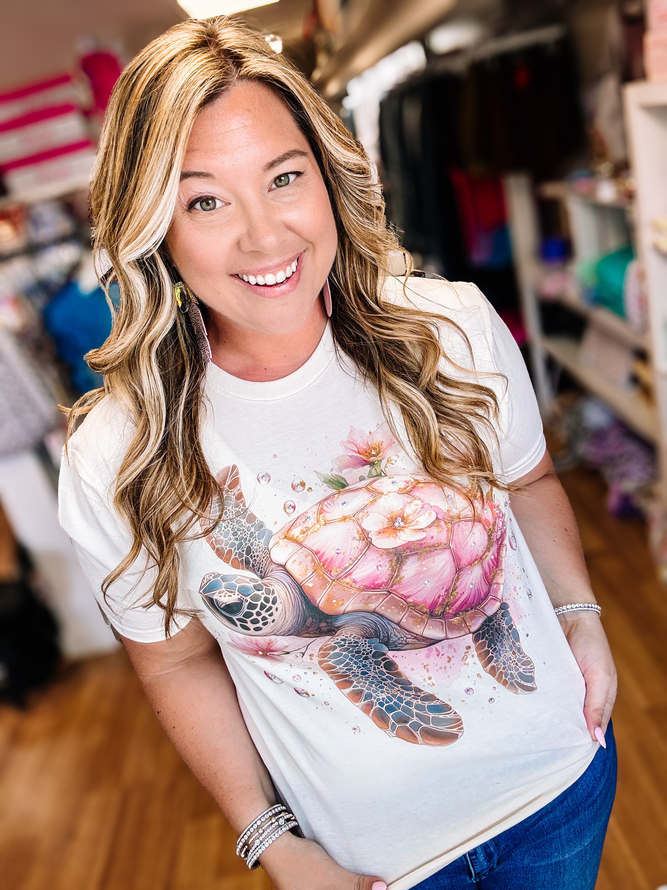 Blush & Bubbles Turtle Bougie Rhinestone Tee-Dear Me Southern Boutique, located in DeRidder, Louisiana