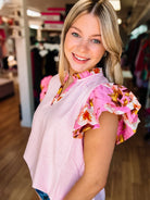 Blush Striped Bloom Ruffle Blouse-Tops-Dear Me Southern Boutique, located in DeRidder, Louisiana