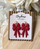 Bow & Pearl Clay Earrings - Red-Earrings-Dear Me Southern Boutique, located in DeRidder, Louisiana