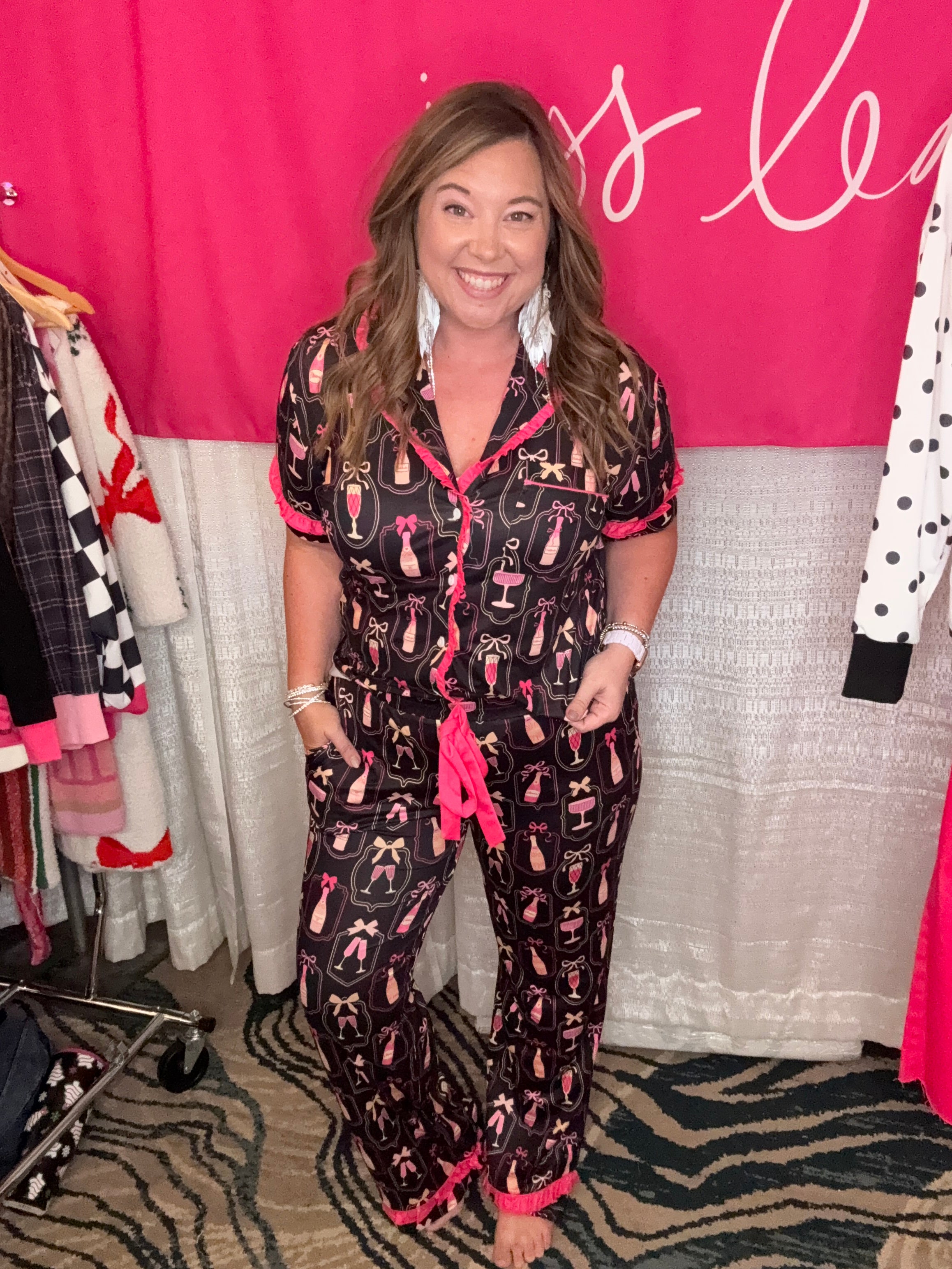 Bows & Bubbly After Dark Ruffle Pajama Set-Presales-Dear Me Southern Boutique, located in DeRidder, Louisiana