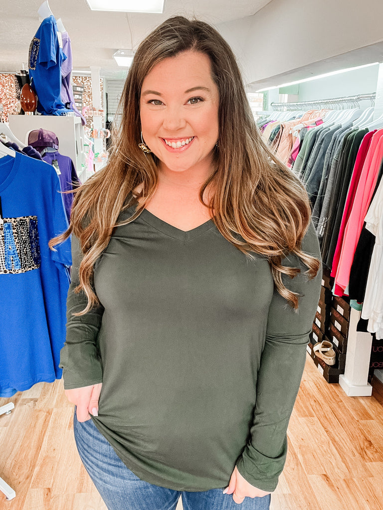 Breezy Long Sleeve Top - Olive Green-Tops-Dear Me Southern Boutique, located in DeRidder, Louisiana