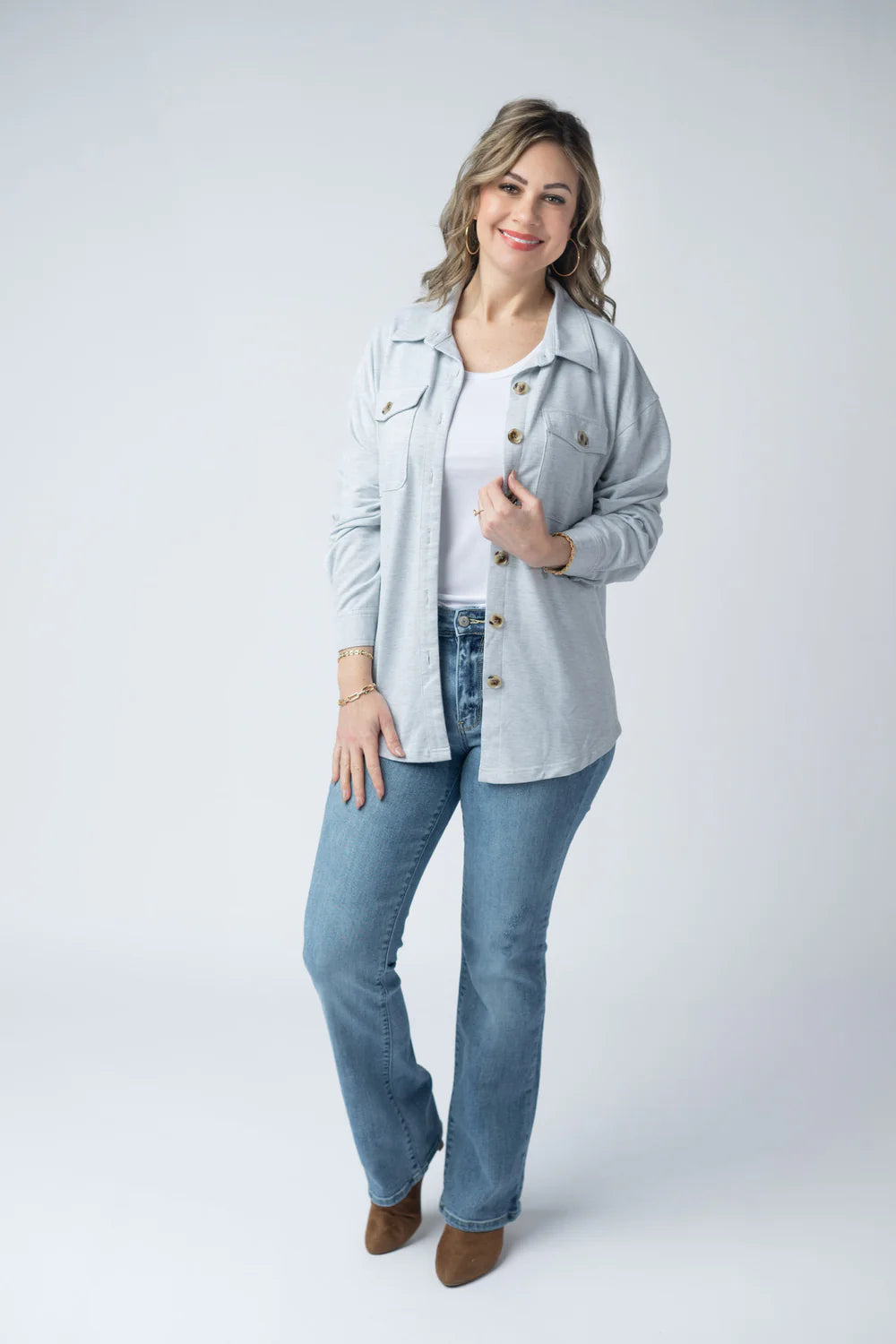 Brenna Button Down Top - Grey-Blouses-Dear Me Southern Boutique, located in DeRidder, Louisiana