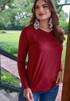 Brittany Basic Long Sleeve Tee - Burgundy-Dear Me Southern Boutique, located in DeRidder, Louisiana
