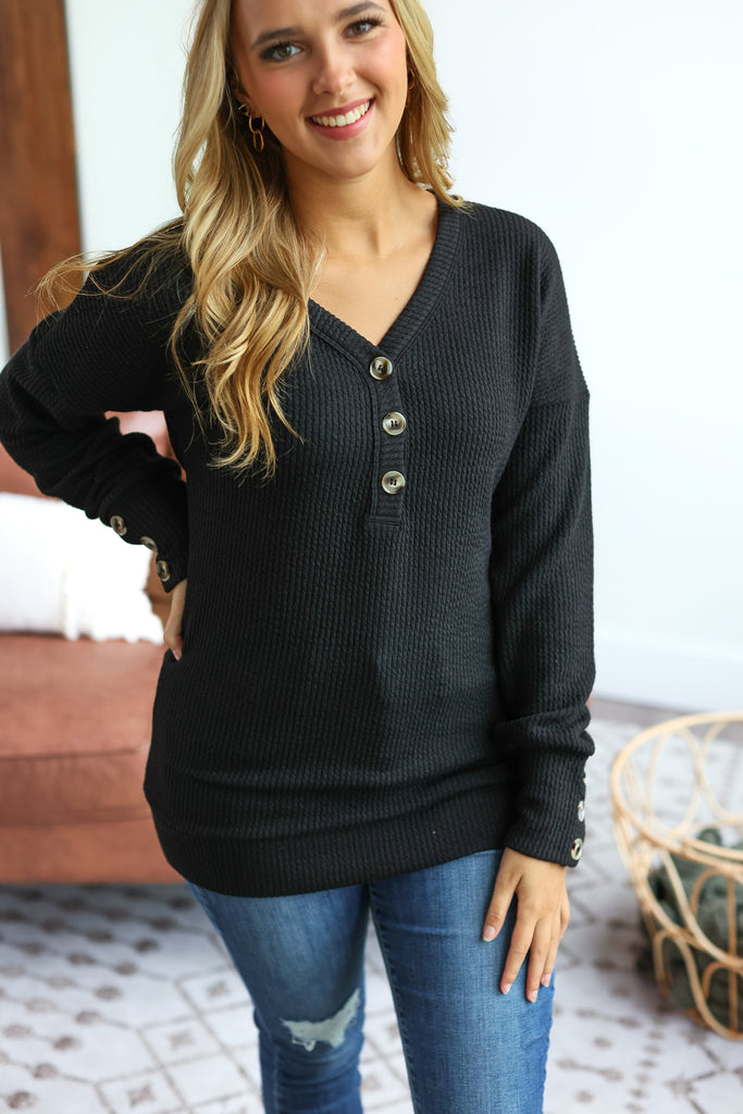 Brittney Button Sweater - Black-Dear Me Southern Boutique, located in DeRidder, Louisiana