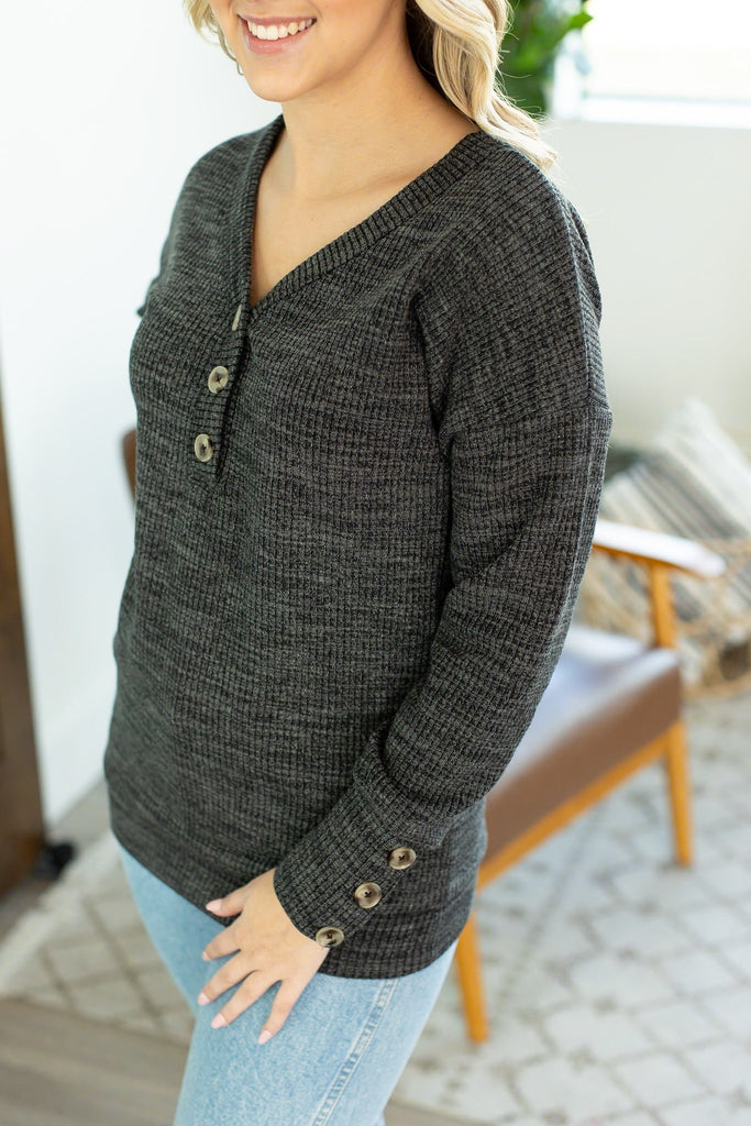 Brittney Button Sweater - Charcoal-Dear Me Southern Boutique, located in DeRidder, Louisiana