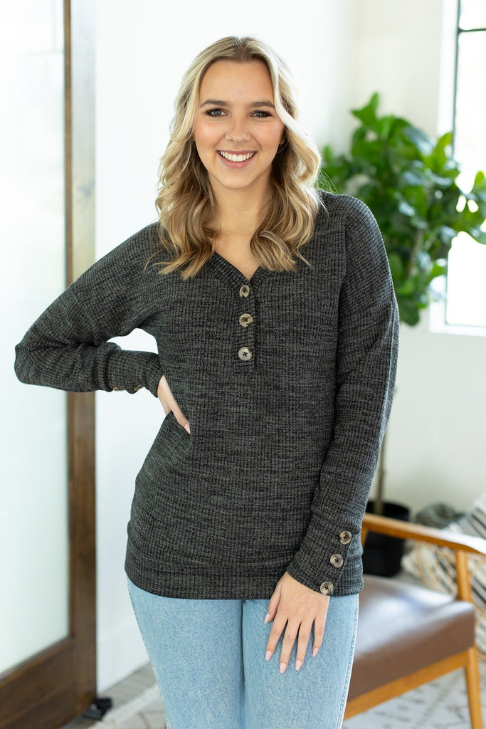 Brittney Button Sweater - Charcoal-Dear Me Southern Boutique, located in DeRidder, Louisiana