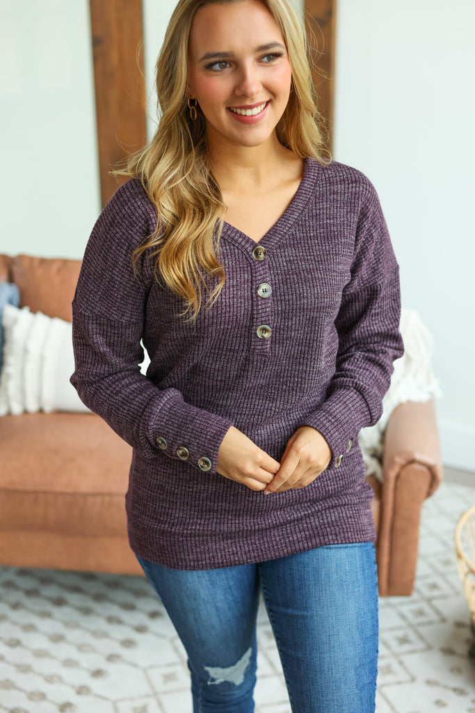 Brittney Button Sweater - Purple-Dear Me Southern Boutique, located in DeRidder, Louisiana