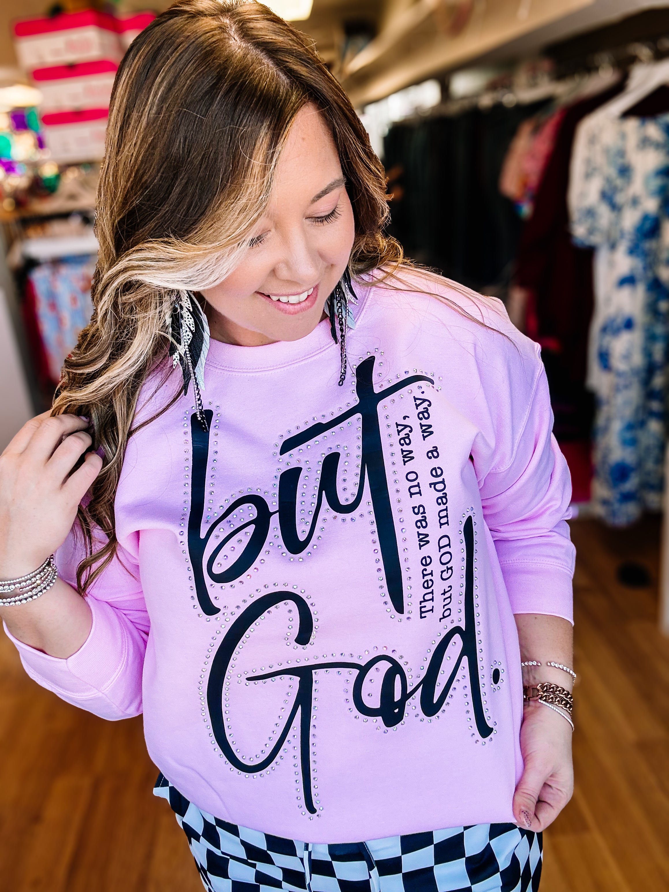 But God Rhinestone Crewneck-Dear Me Southern Boutique, located in DeRidder, Louisiana