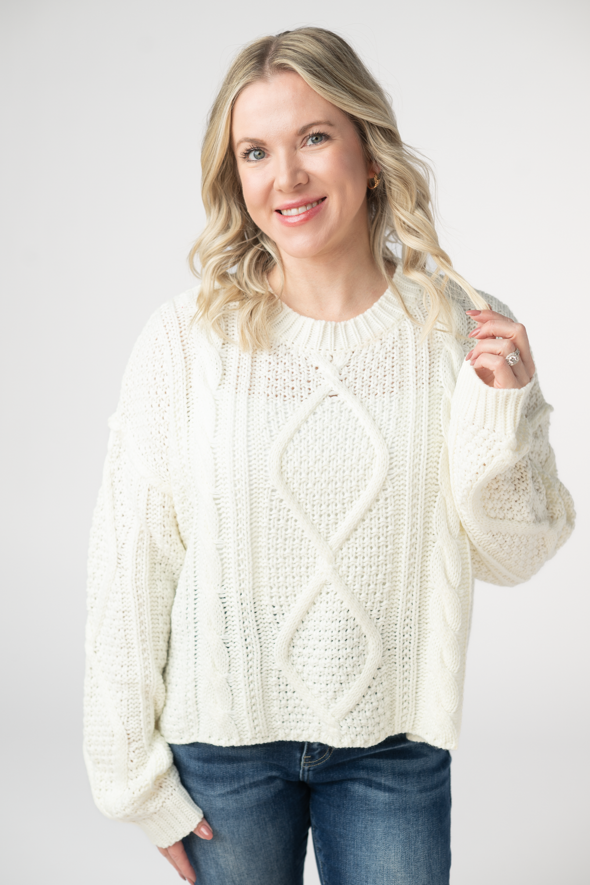 Cable Knit Sweater - Ivory-Sweaters-Dear Me Southern Boutique, located in DeRidder, Louisiana