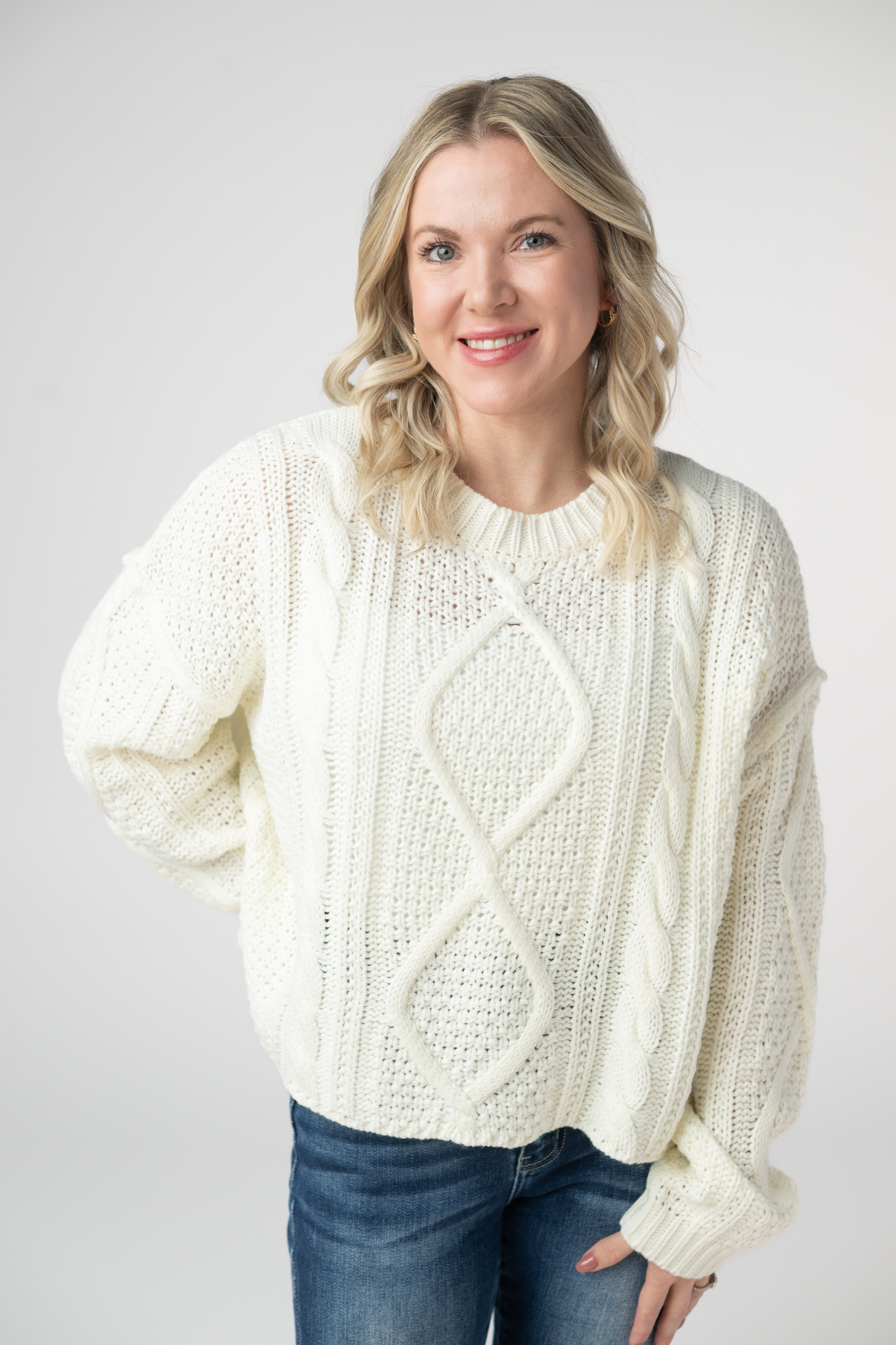 Cable Knit Sweater - Ivory-Sweaters-Dear Me Southern Boutique, located in DeRidder, Louisiana