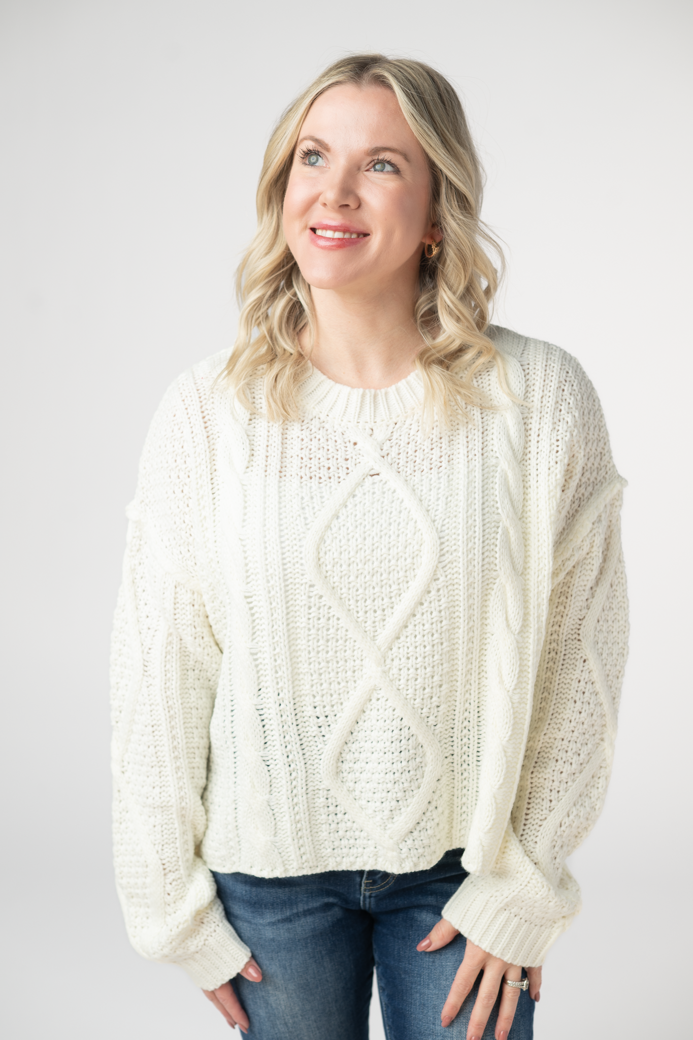 Cable Knit Sweater - Ivory-Sweaters-Dear Me Southern Boutique, located in DeRidder, Louisiana