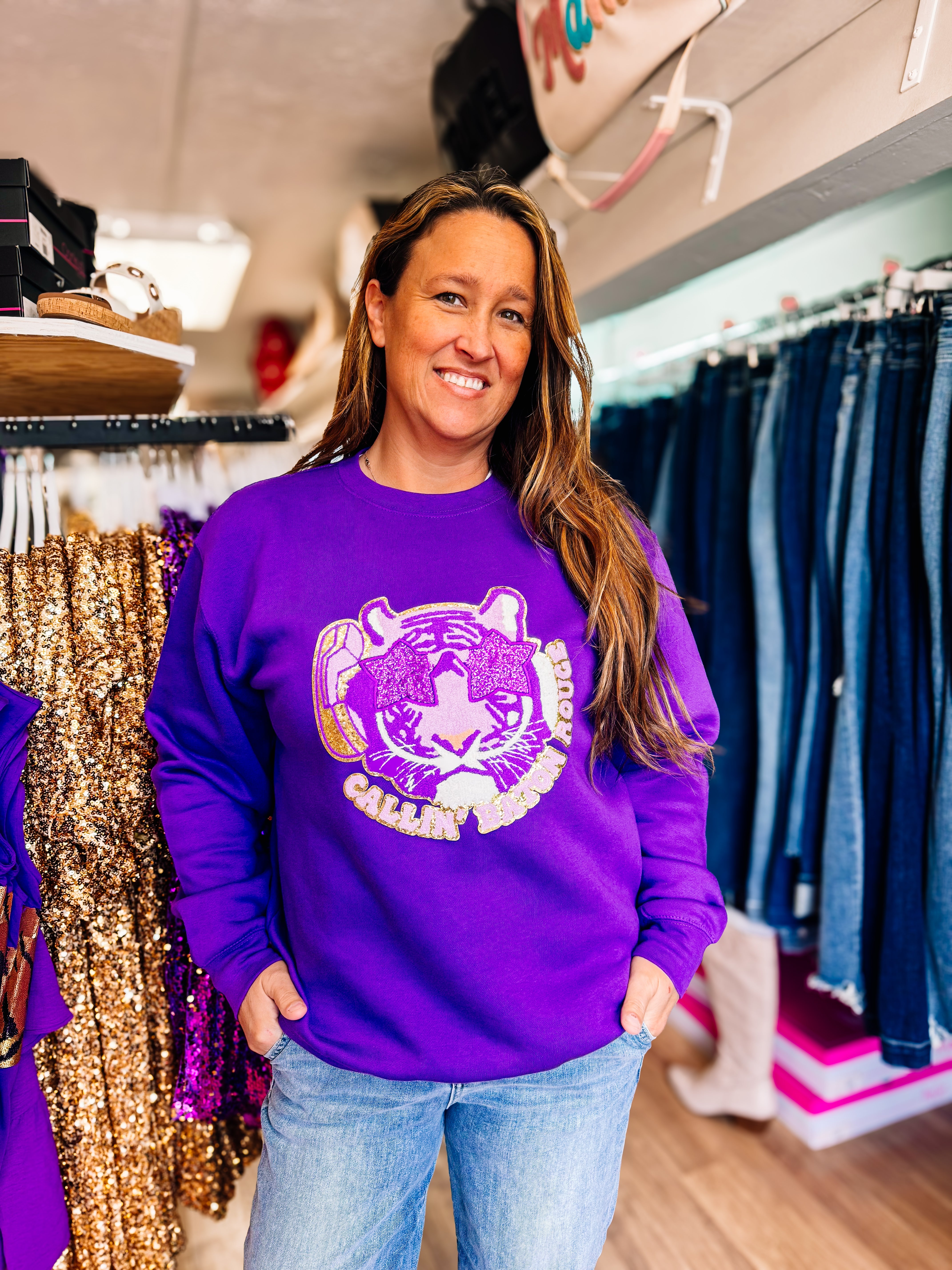 Callin' Baton Rouge Sweatshirt-Graphic Tops-Dear Me Southern Boutique, located in DeRidder, Louisiana
