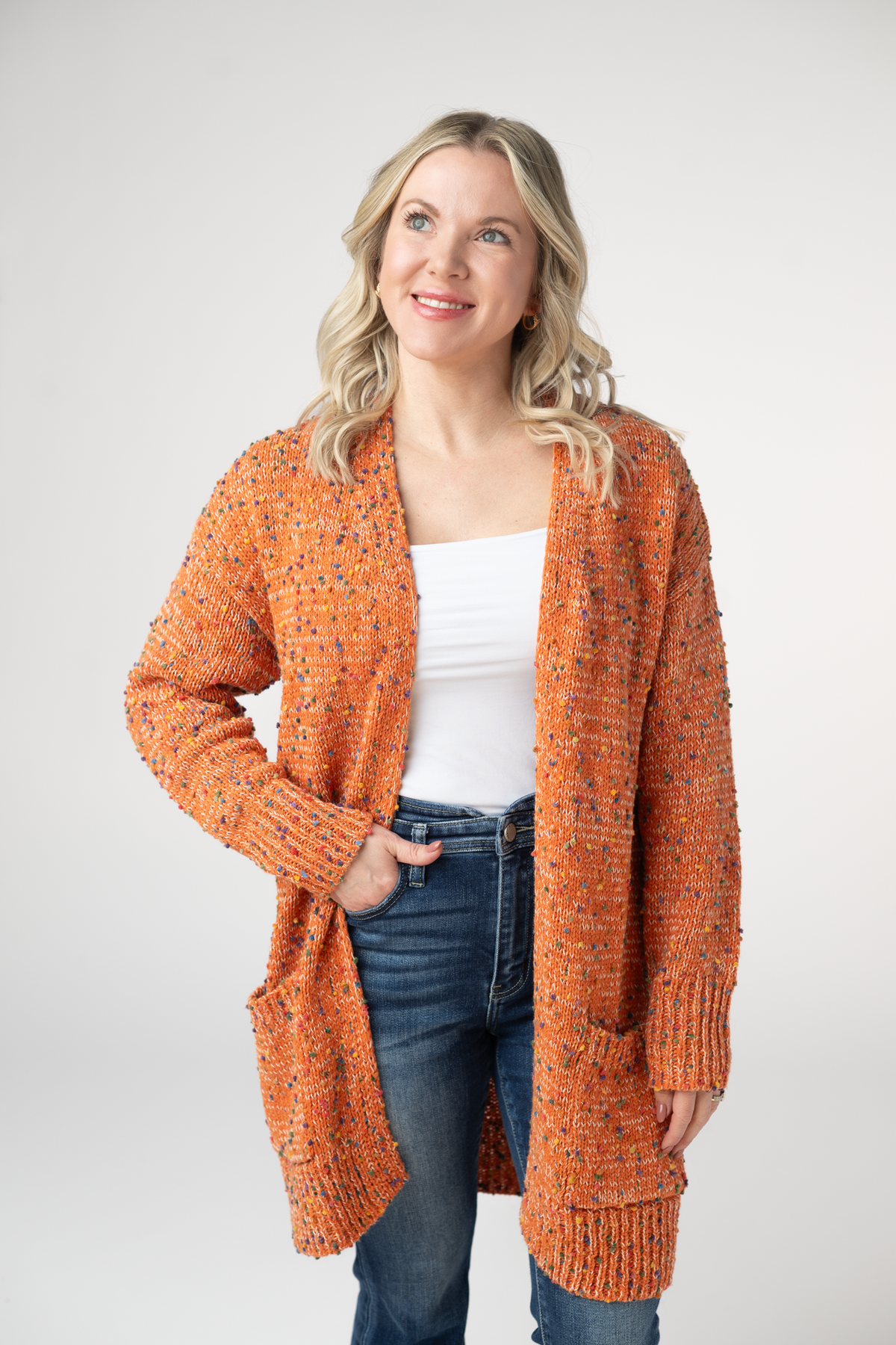Carly Confetti Dot Cardigan - Pumpkin-Cardigan-Dear Me Southern Boutique, located in DeRidder, Louisiana