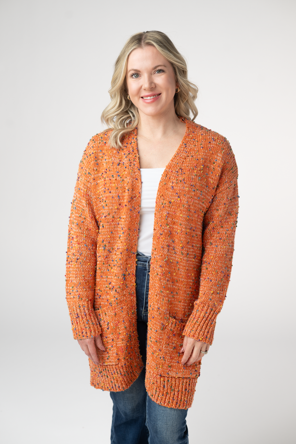 Carly Confetti Dot Cardigan - Pumpkin-Cardigan-Dear Me Southern Boutique, located in DeRidder, Louisiana
