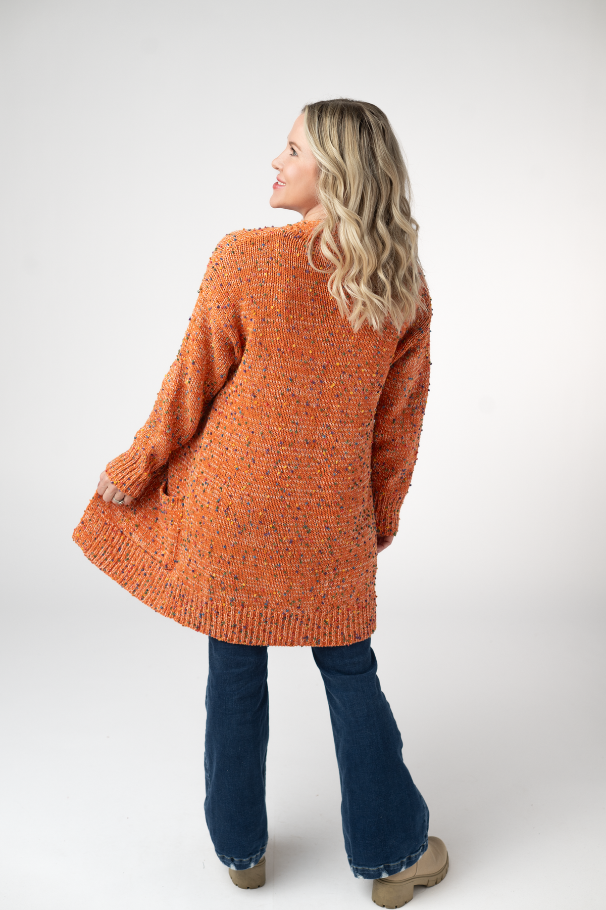Carly Confetti Dot Cardigan - Pumpkin-Cardigan-Dear Me Southern Boutique, located in DeRidder, Louisiana