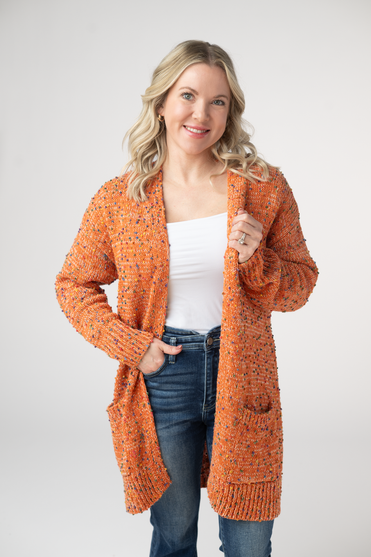 Carly Confetti Dot Cardigan - Pumpkin-Cardigan-Dear Me Southern Boutique, located in DeRidder, Louisiana