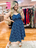 Cassidy Midi Dress- Blue Floral Mix-Dresses-Dear Me Southern Boutique, located in DeRidder, Louisiana