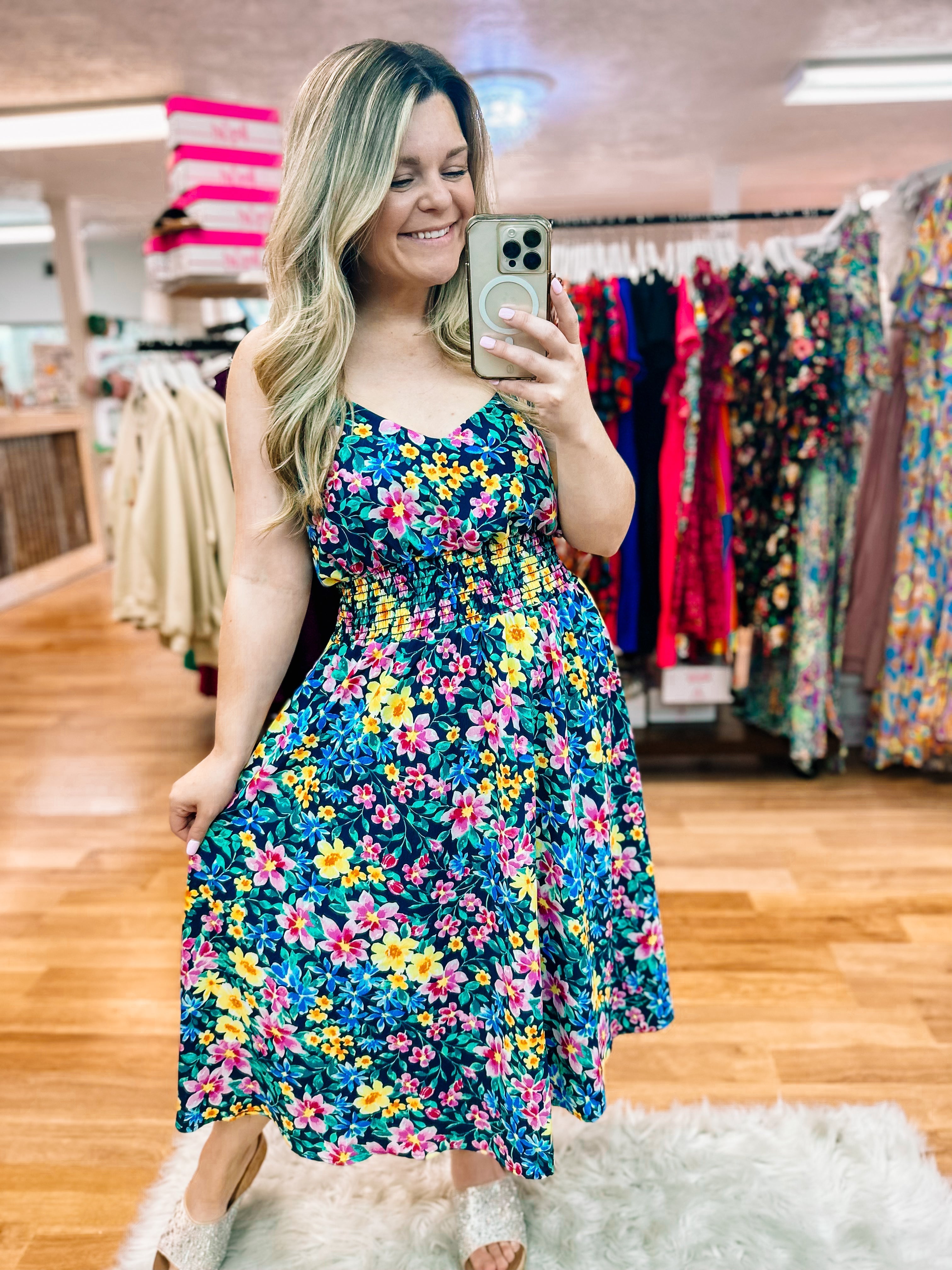 Cassidy Midi Dress- Navy and Yellow Floral-Dresses-Dear Me Southern Boutique, located in DeRidder, Louisiana