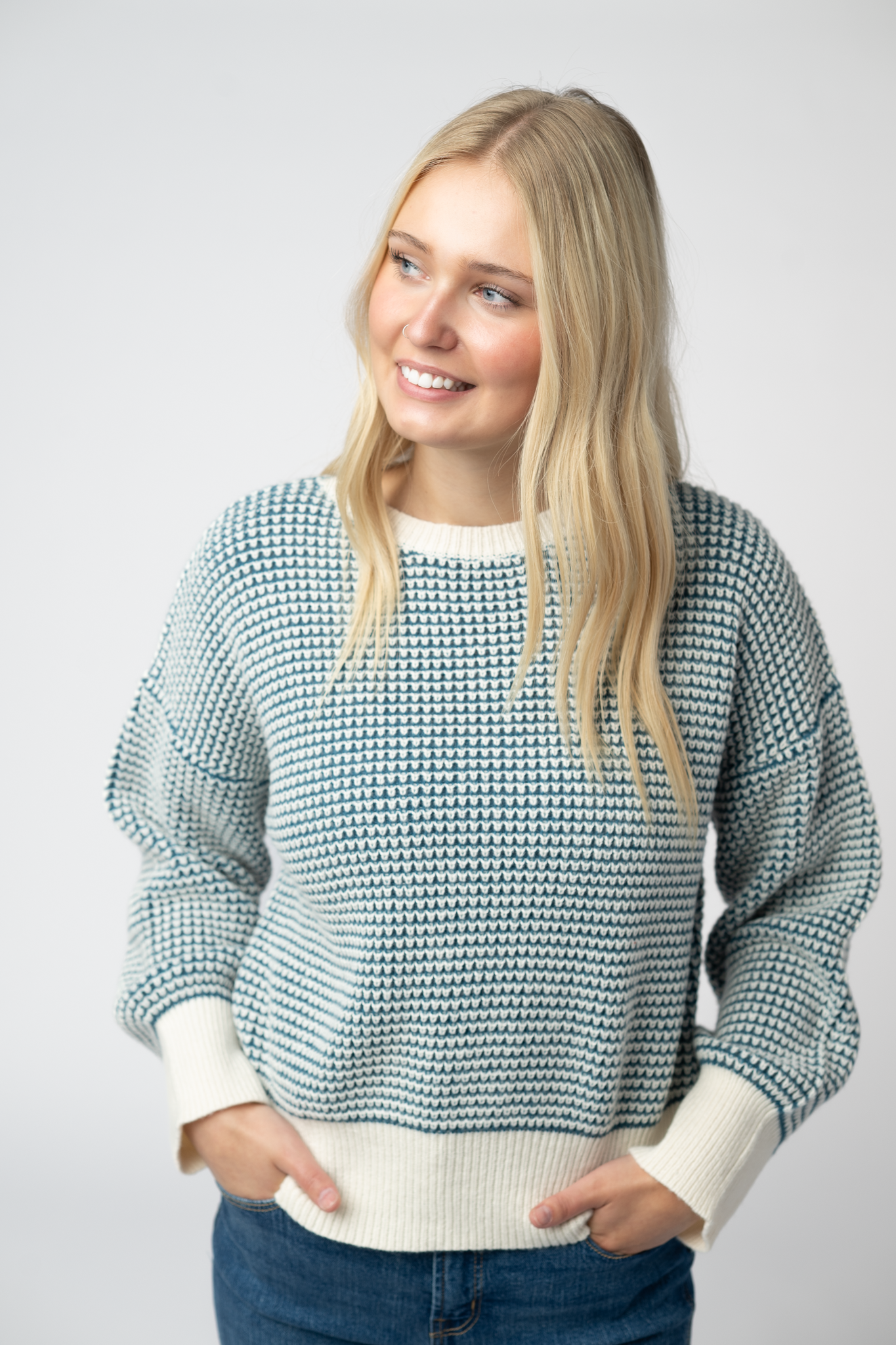 Charlotte Sweater - Teal and Ivory-Sweater-Dear Me Southern Boutique, located in DeRidder, Louisiana