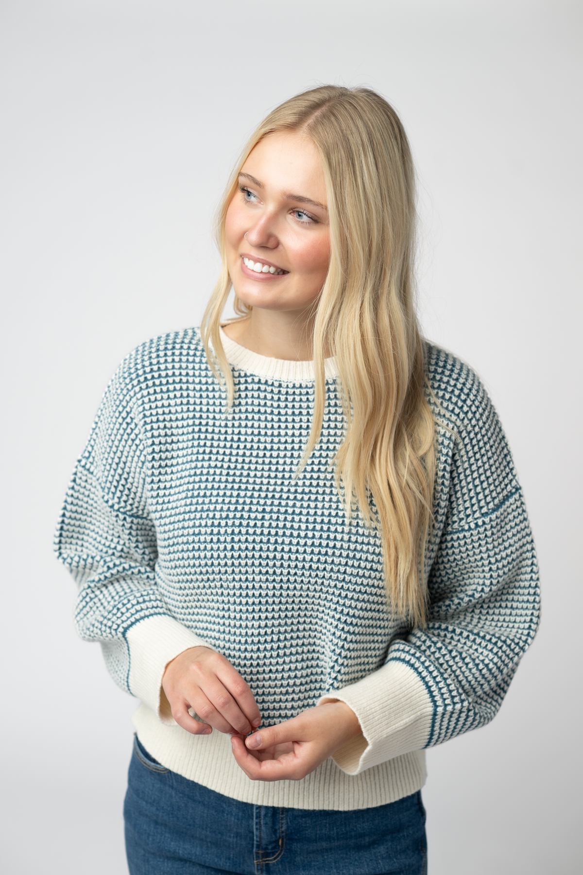 Charlotte Sweater - Teal and Ivory-Sweaters-Dear Me Southern Boutique, located in DeRidder, Louisiana