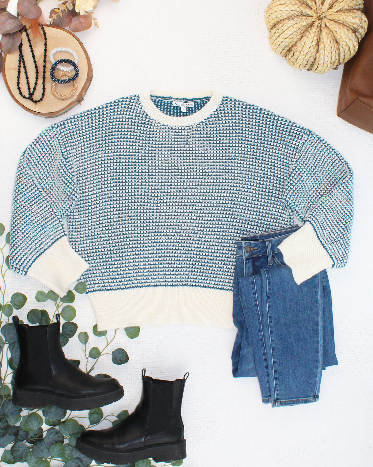 Charlotte Sweater - Teal and Ivory-Sweaters-Dear Me Southern Boutique, located in DeRidder, Louisiana