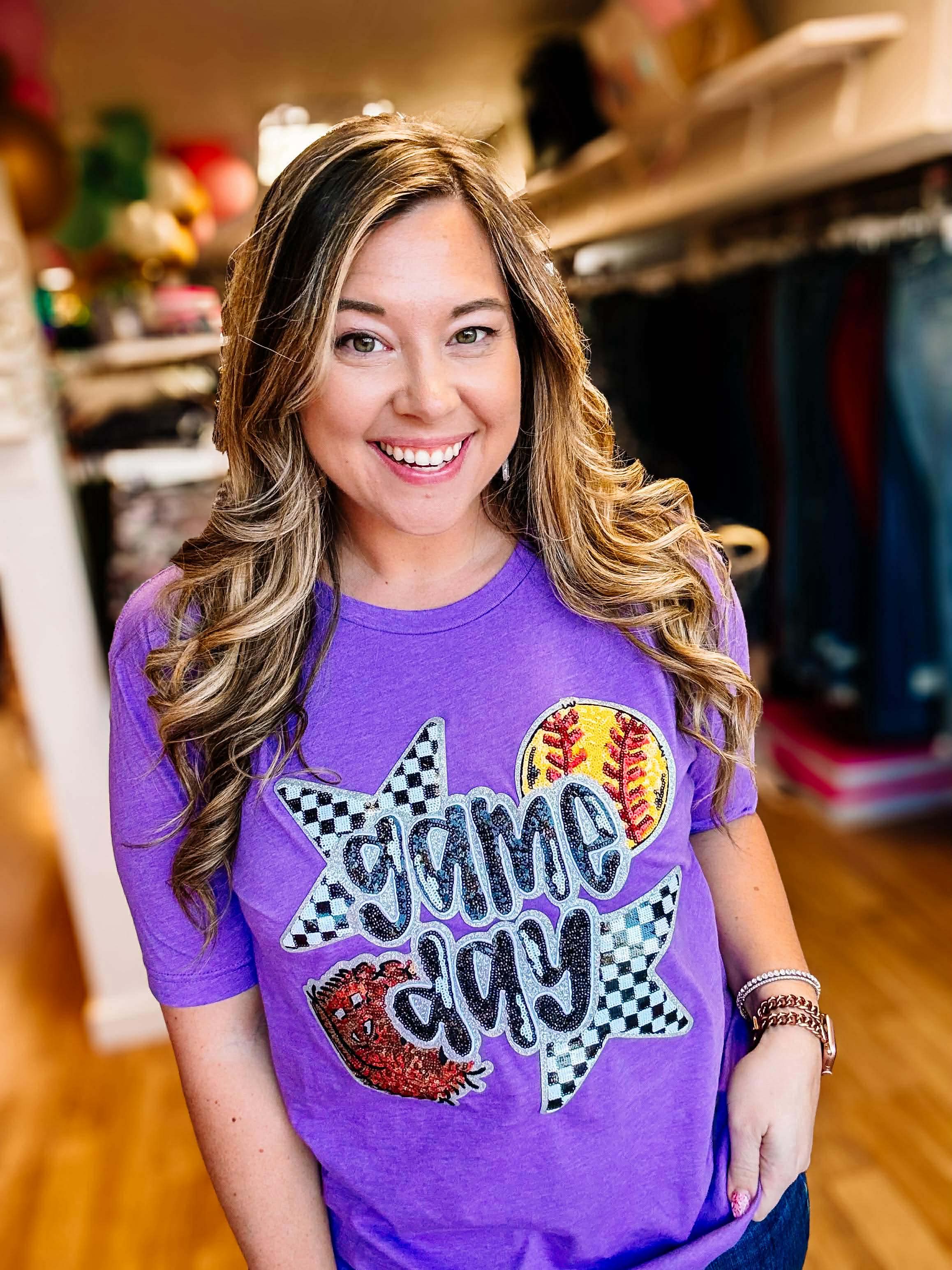 Checkered & Cheering Softball Tee-Graphic Tops-Dear Me Southern Boutique, located in DeRidder, Louisiana