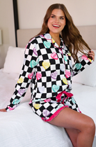 Checkered Conversation Hearts Ruffle Pajama Set-Pajamas-Dear Me Southern Boutique, located in DeRidder, Louisiana