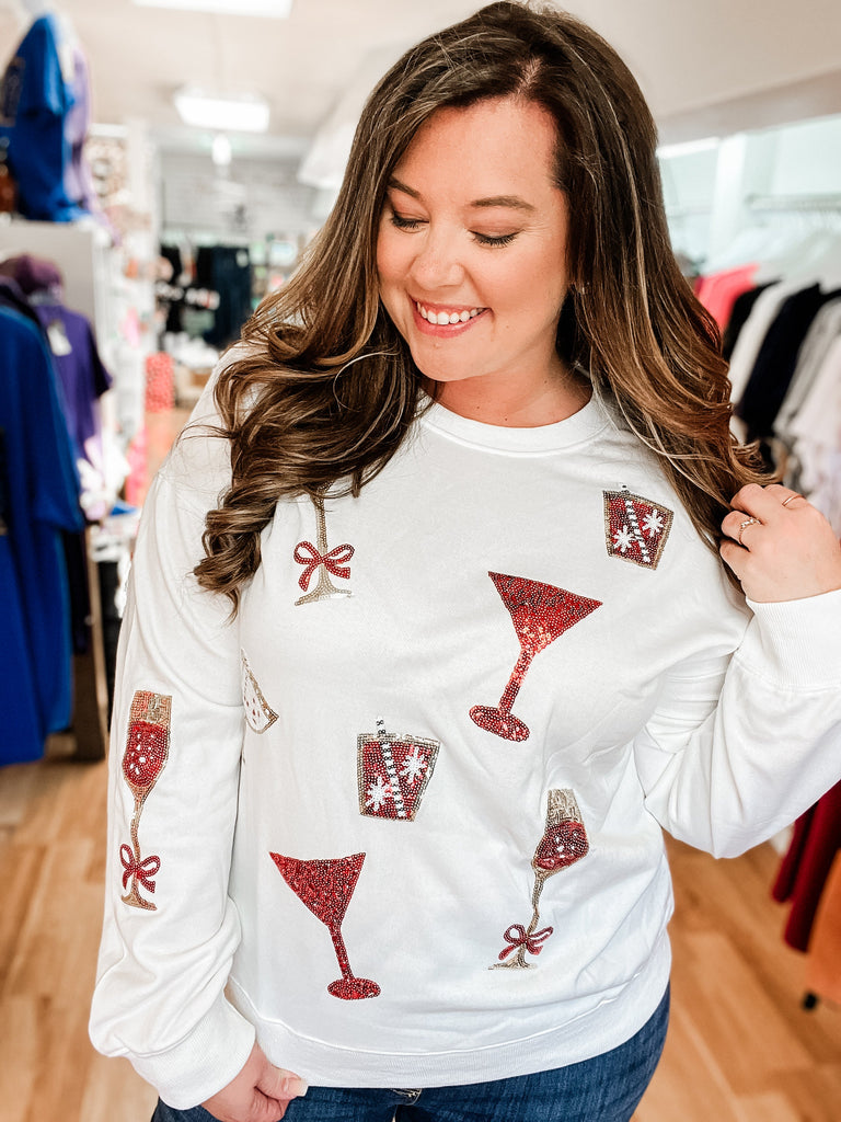 Cheers Sequin Wineglasses Christmas Pullover-Tops-Dear Me Southern Boutique, located in DeRidder, Louisiana