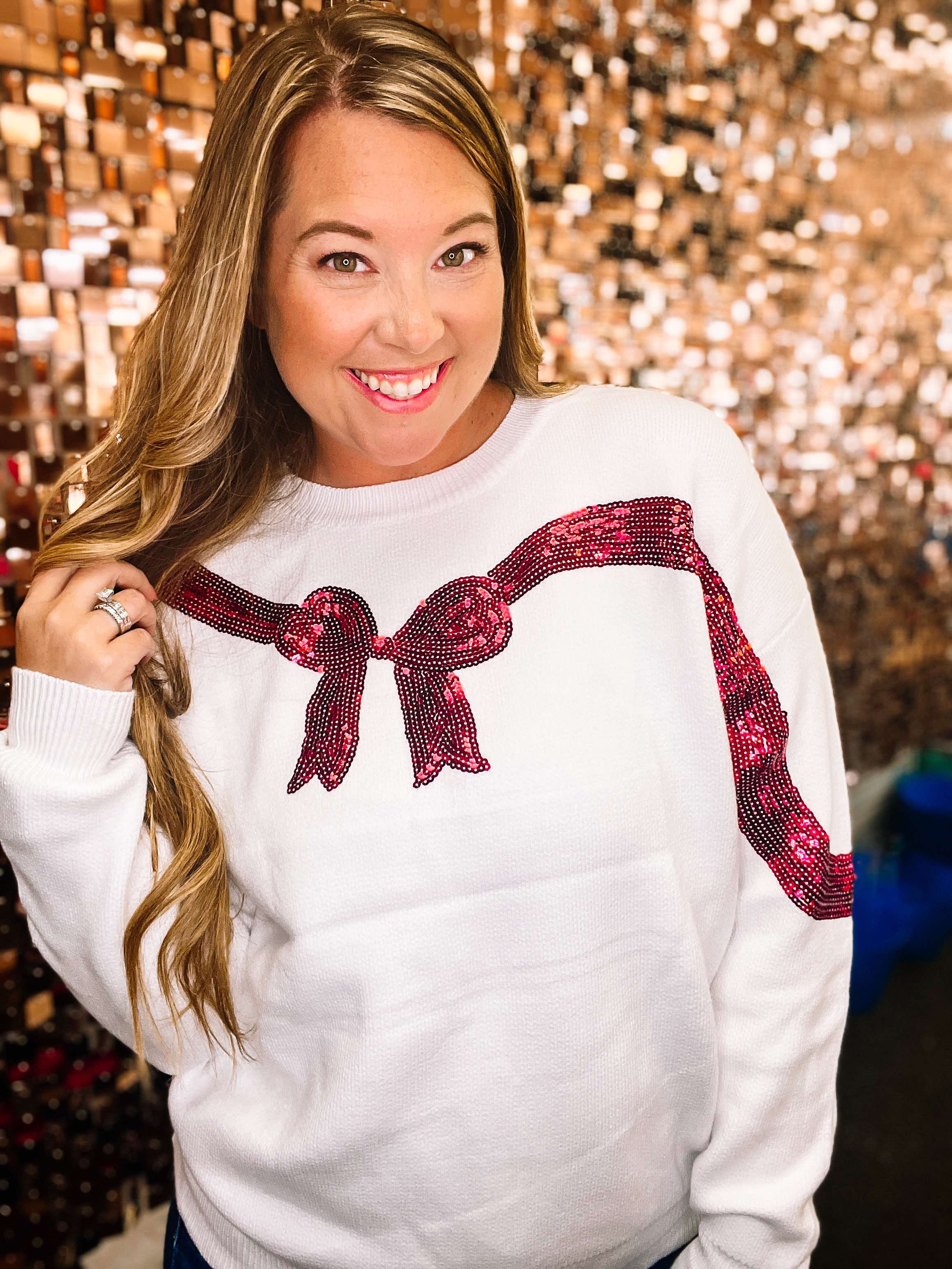 Christmas Bow Sequin Sweater-Sweaters-Dear Me Southern Boutique, located in DeRidder, Louisiana