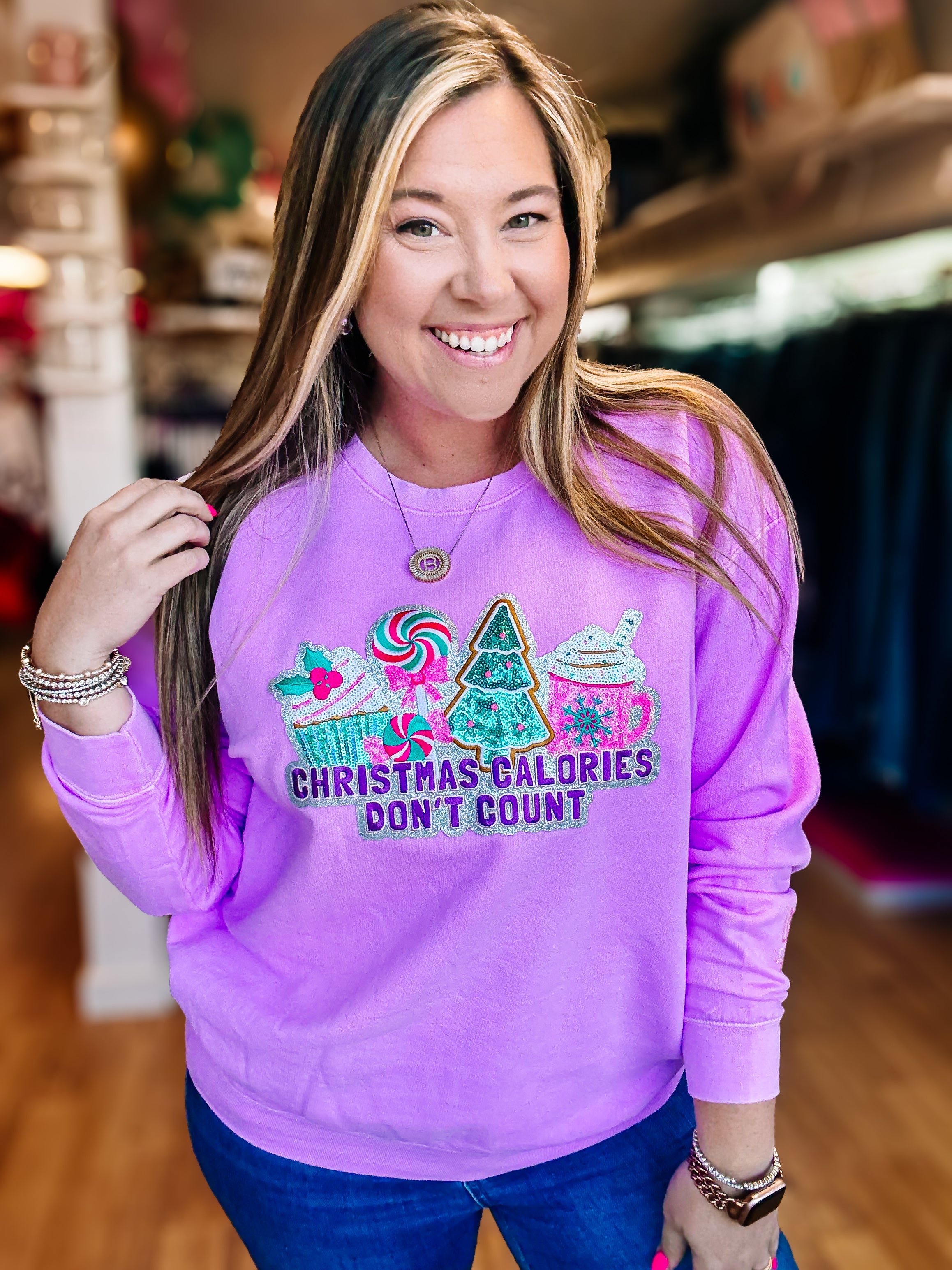 Christmas Calories Don't Count Sequin Pullover-Graphic Tops-Dear Me Southern Boutique, located in DeRidder, Louisiana