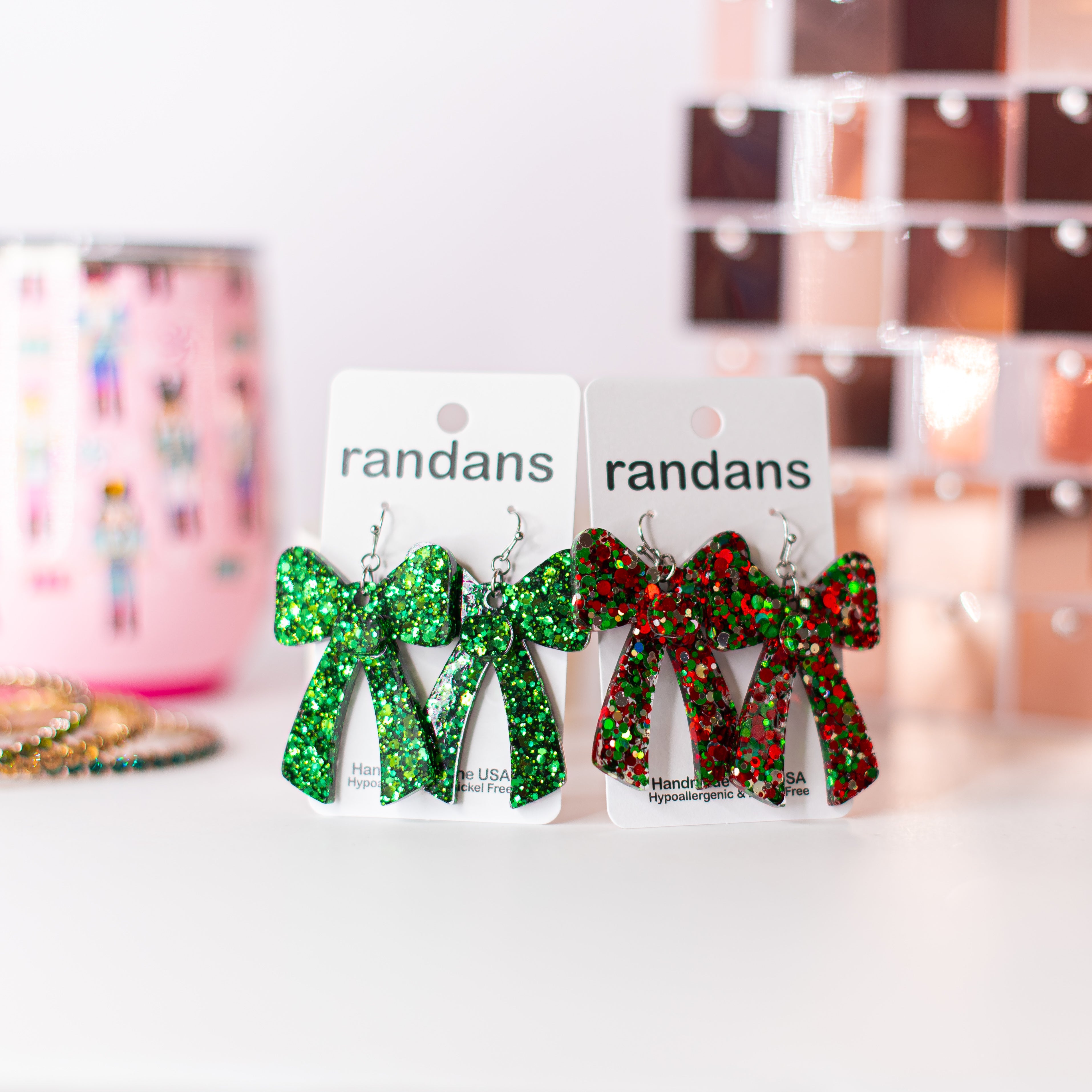 Christmas Glitter Coquette Bow Randans-Earrings-Dear Me Southern Boutique, located in DeRidder, Louisiana