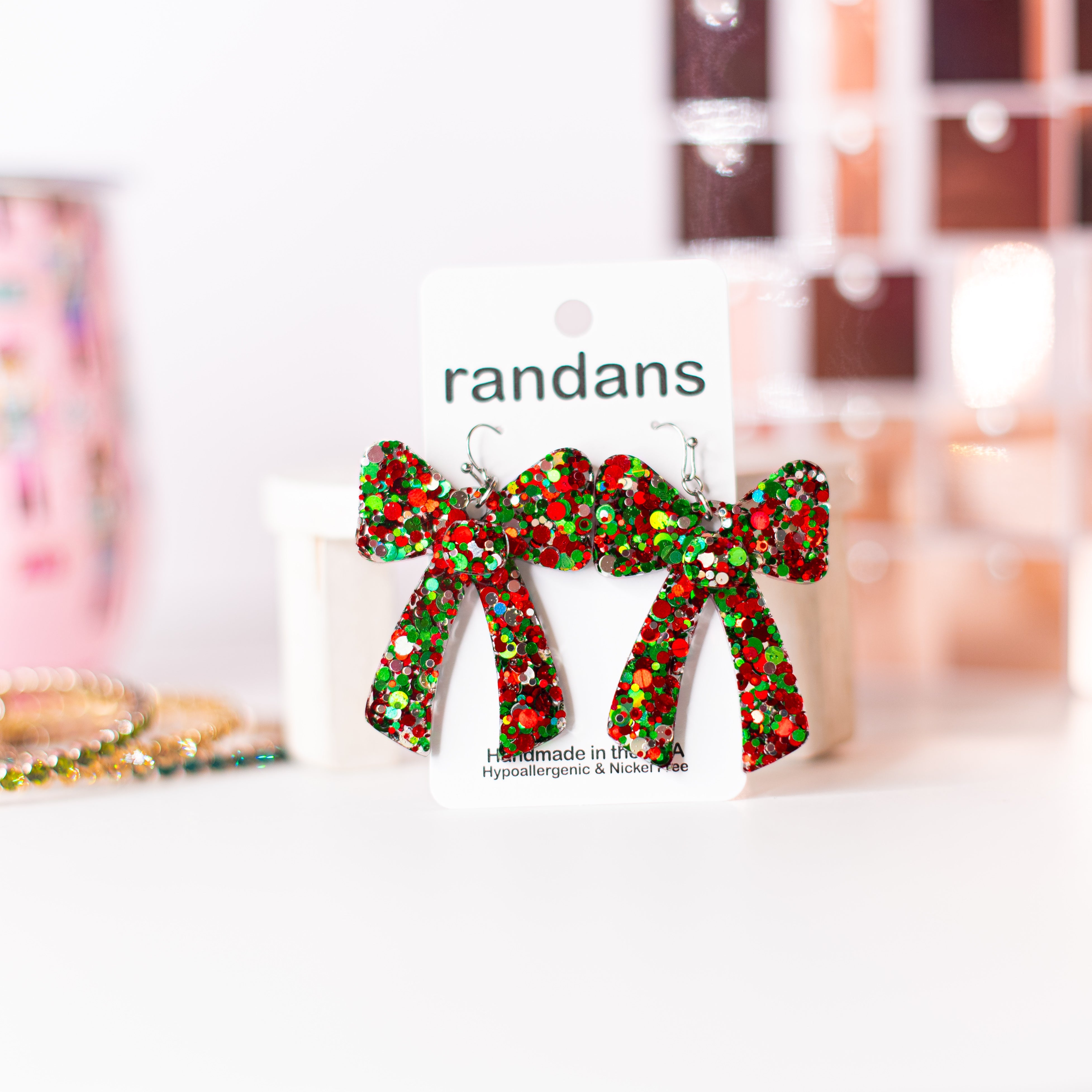 Christmas Glitter Coquette Bow Randans-Earrings-Dear Me Southern Boutique, located in DeRidder, Louisiana