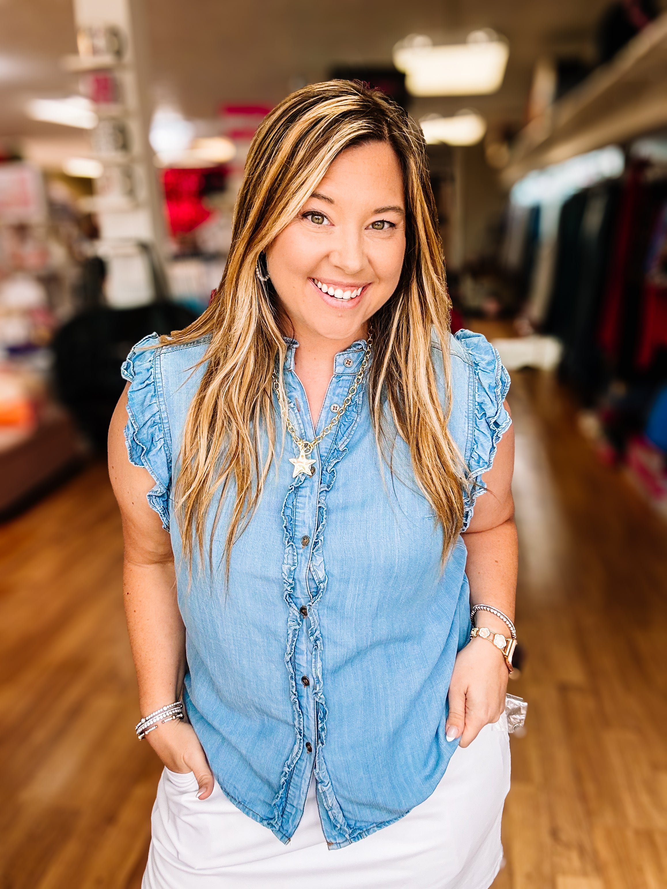 Clara Ruffle Denim Blouse-Blouses-Dear Me Southern Boutique, located in DeRidder, Louisiana