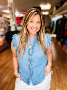 Clara Ruffle Denim Blouse-Blouses-Dear Me Southern Boutique, located in DeRidder, Louisiana