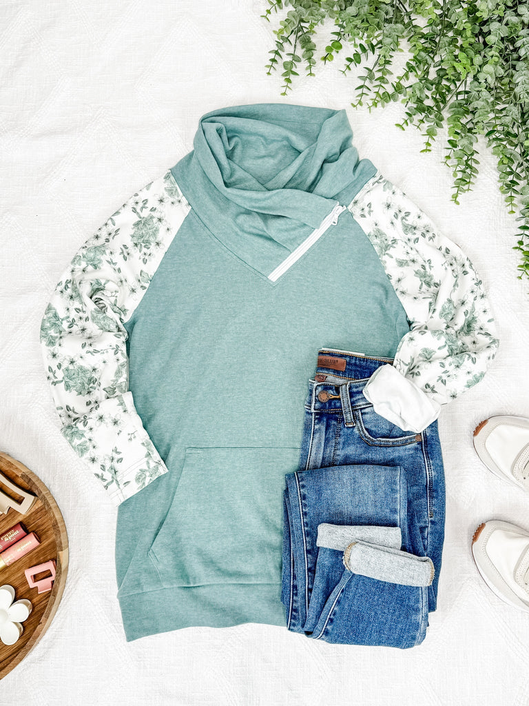 Classic Zoey ZipCowl Sweatshirt - Sage Floral-Dear Me Southern Boutique, located in DeRidder, Louisiana