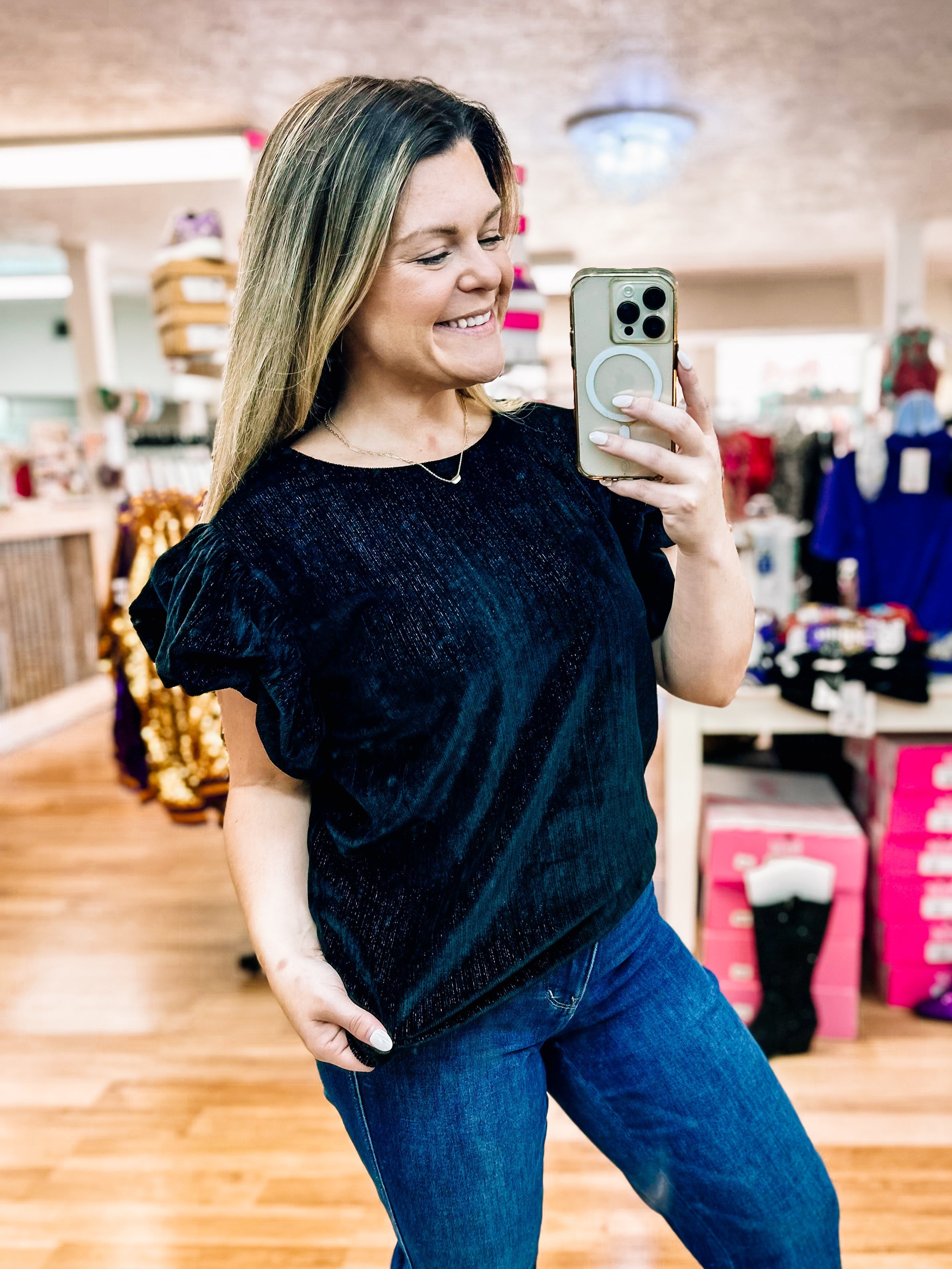 Classically Chic Velvet Top - Black-Short Sleeves-Dear Me Southern Boutique, located in DeRidder, Louisiana