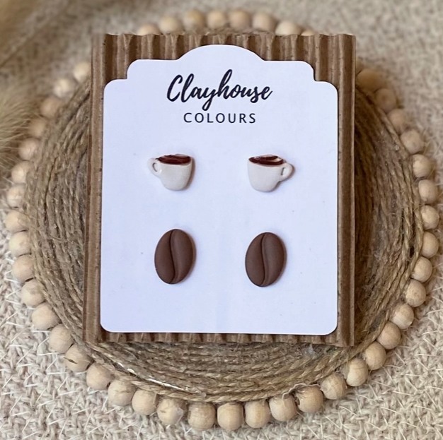 Coffee Cup and Bean Clay Stud Set-Earrings-Dear Me Southern Boutique, located in DeRidder, Louisiana