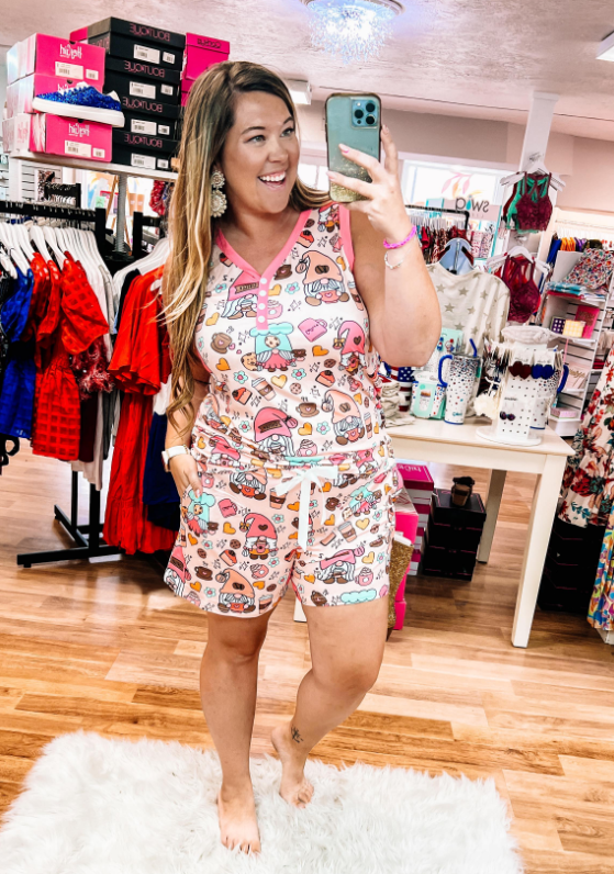 Coffee Gnomes Shorts PJ Set-Pajamas-Dear Me Southern Boutique, located in DeRidder, Louisiana