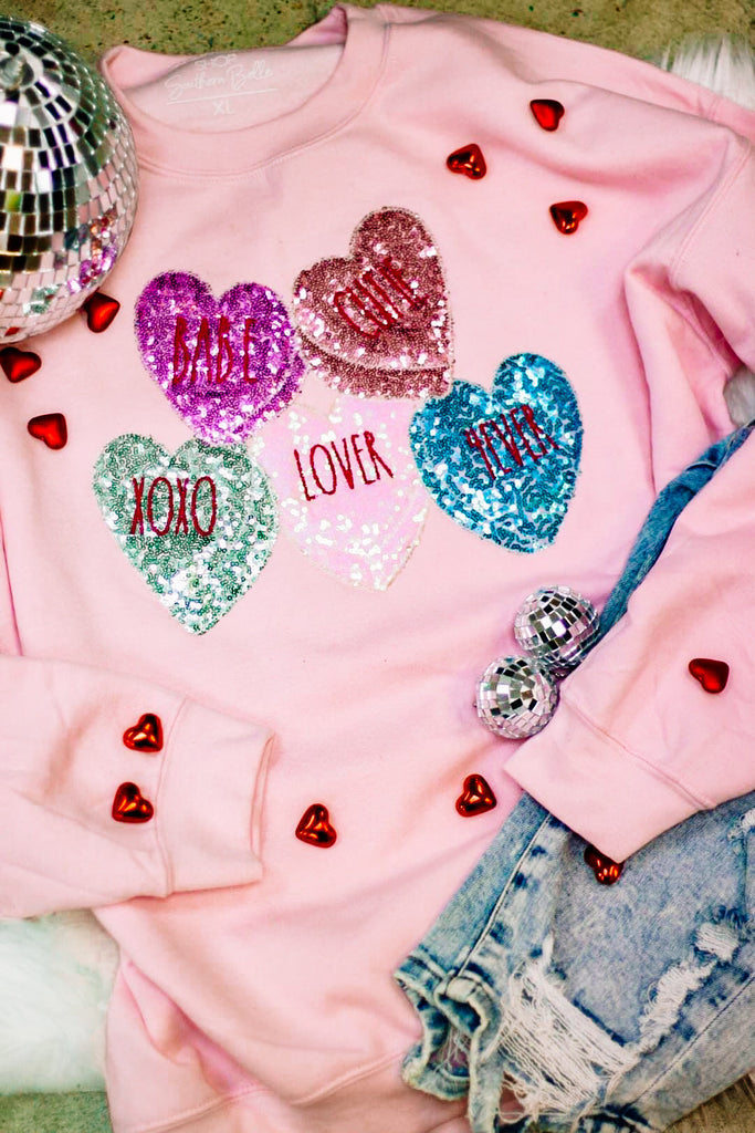 Conversation Hearts Sequin Sweatshirt-Tops-Dear Me Southern Boutique, located in DeRidder, Louisiana
