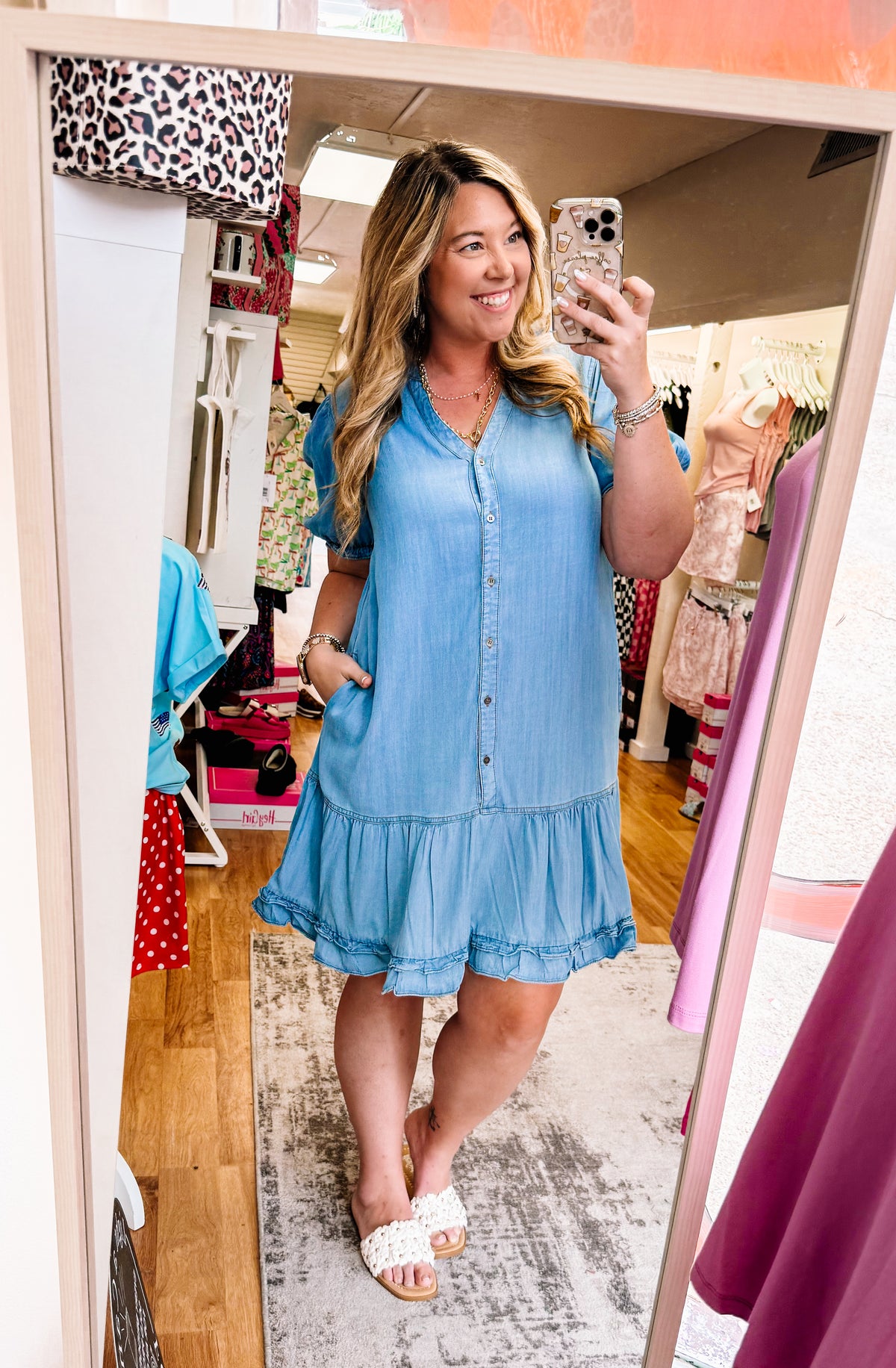 Cora Denim Ruffle Dress-Dresses-Dear Me Southern Boutique, located in DeRidder, Louisiana