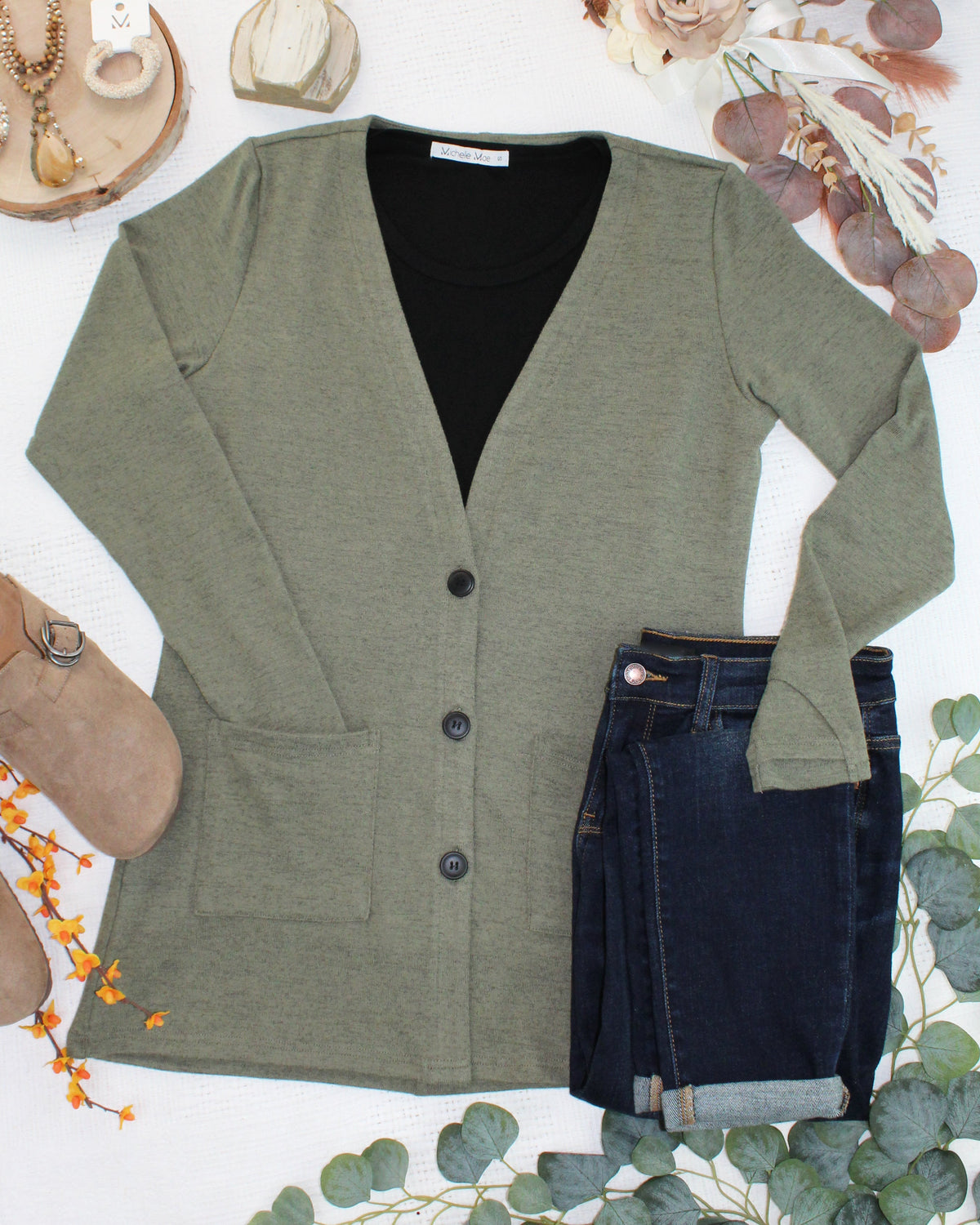 Cori Cardigan - Heathered Olive-Cardigans-Dear Me Southern Boutique, located in DeRidder, Louisiana