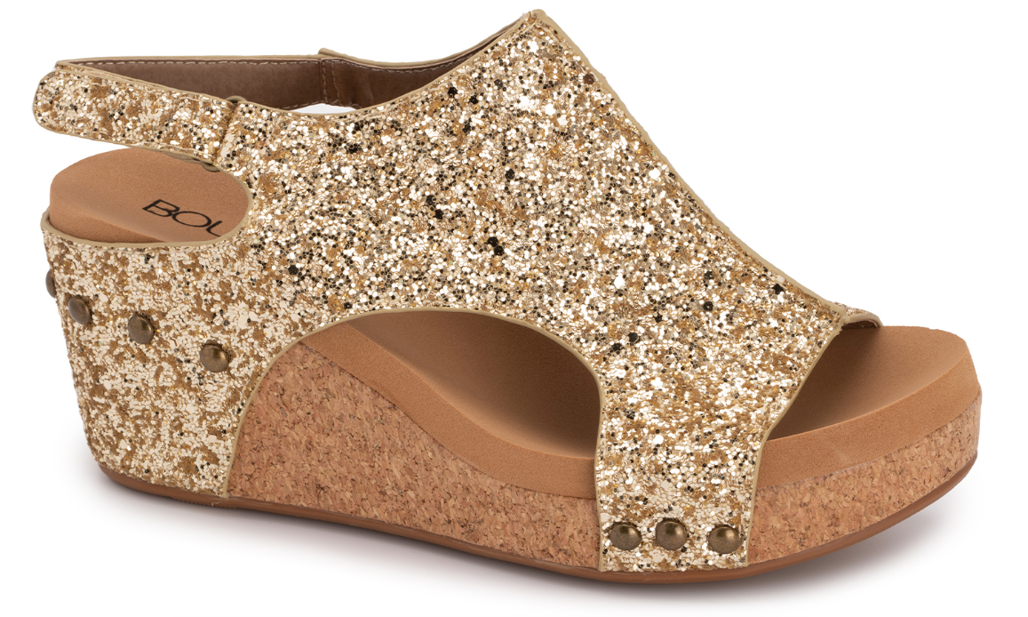 Corky Carley Gold Glitter-Wedges-Dear Me Southern Boutique, located in DeRidder, Louisiana