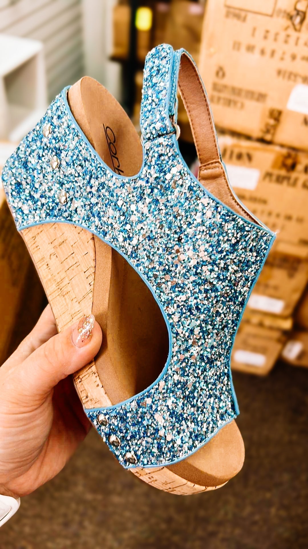 Corky Carley Light Blue Glitter-Wedges-Dear Me Southern Boutique, located in DeRidder, Louisiana