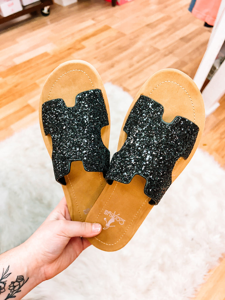 Corkys Bogalusa Sandals- Black Glitter-Shoes-Dear Me Southern Boutique, located in DeRidder, Louisiana