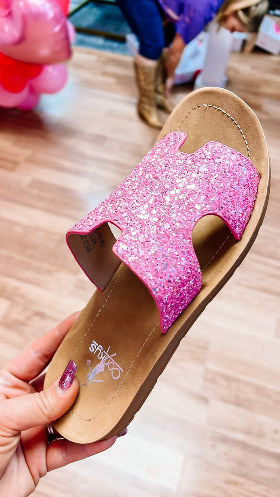 Corkys Bogalusa Sandals- Pink Glitter-Shoes-Dear Me Southern Boutique, located in DeRidder, Louisiana