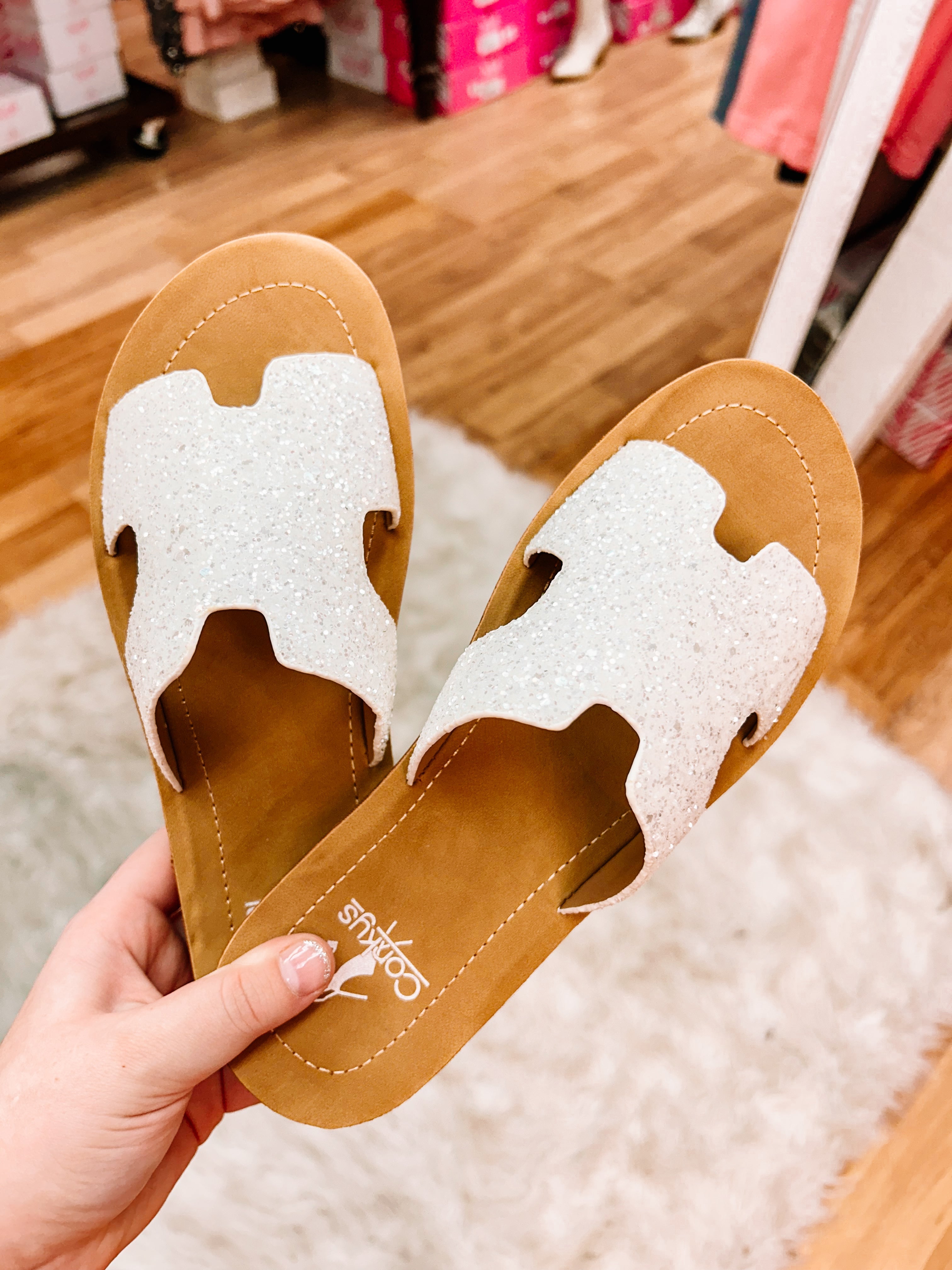 Corkys Bogalusa Sandals- White Glitter-Sandals-Dear Me Southern Boutique, located in DeRidder, Louisiana