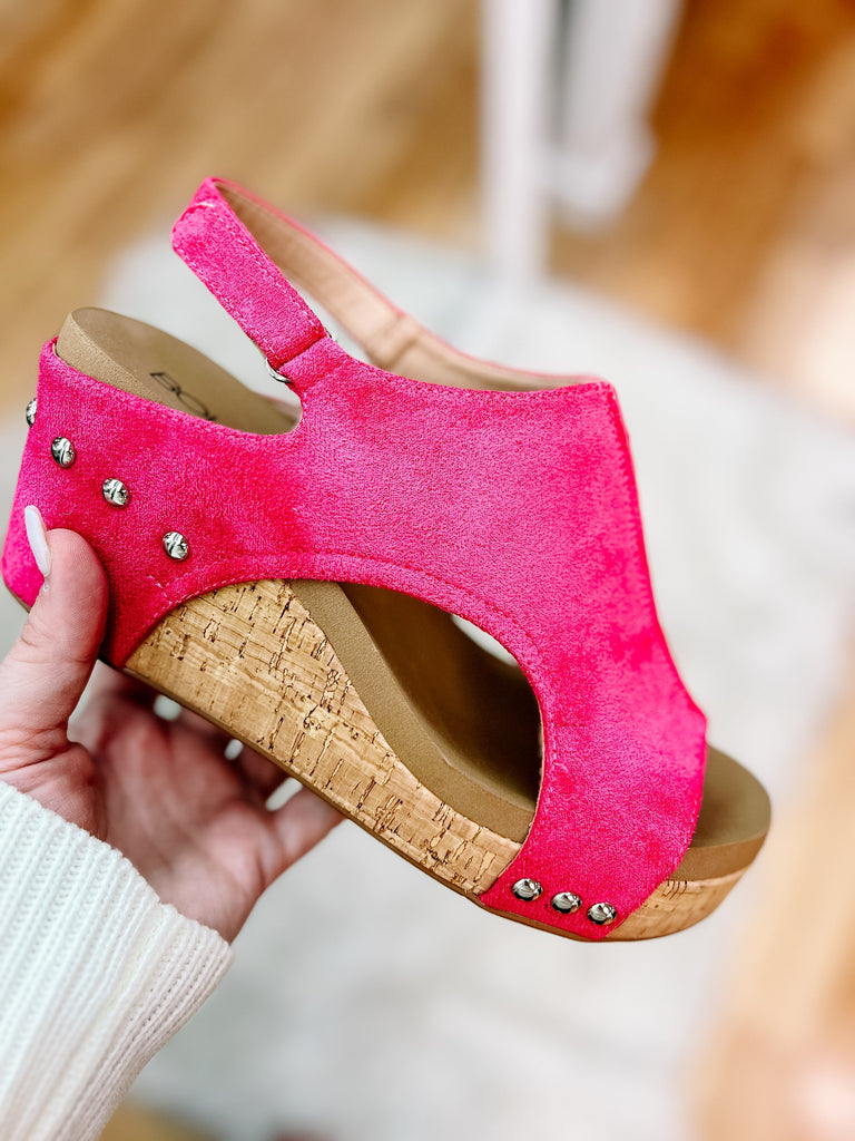 Corkys Carley Fuchsia Suede Wedges-Shoes-Dear Me Southern Boutique, located in DeRidder, Louisiana