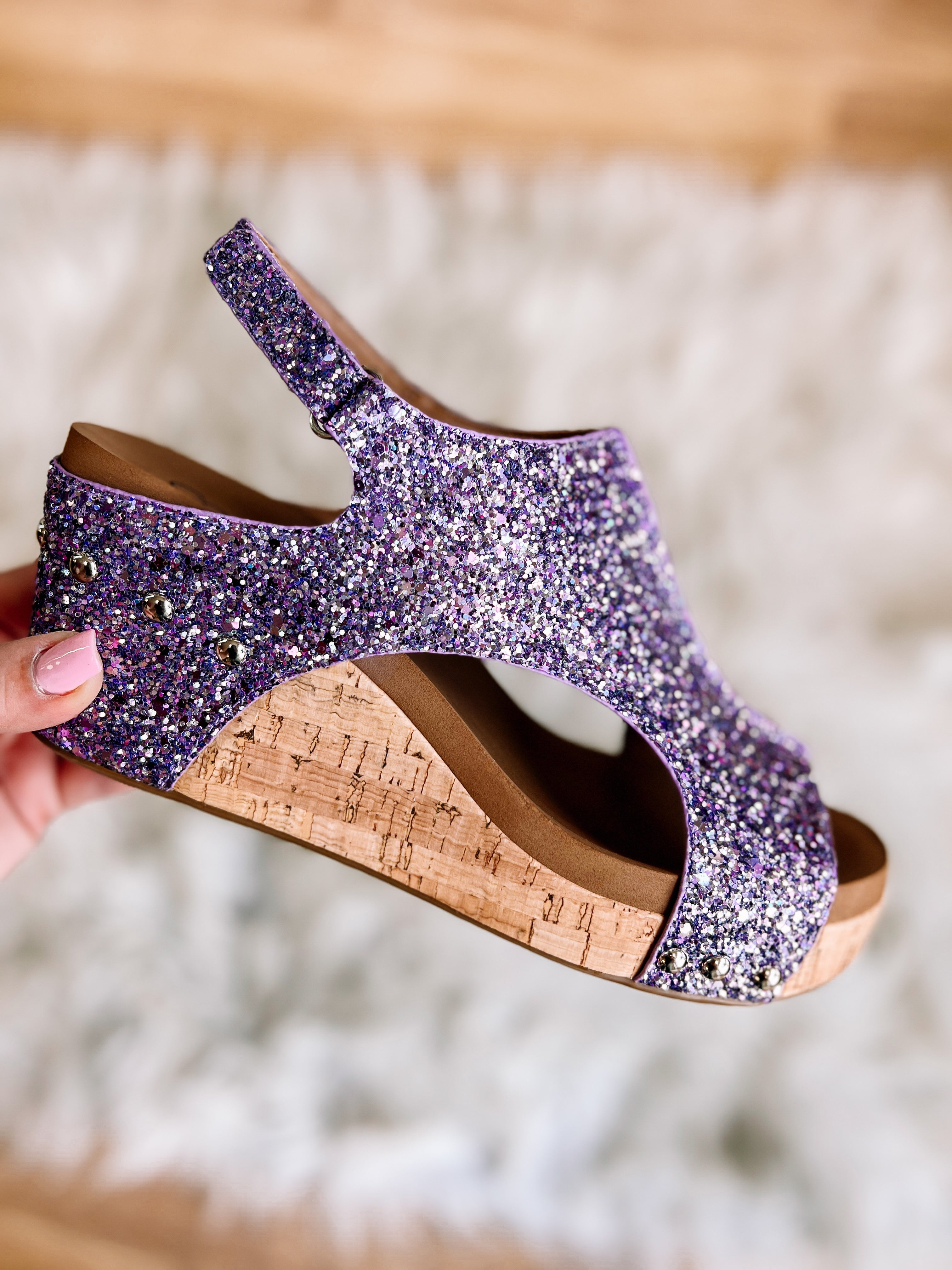 Corky's Carley Lavender Chunky Glitter-Wedges-Dear Me Southern Boutique, located in DeRidder, Louisiana